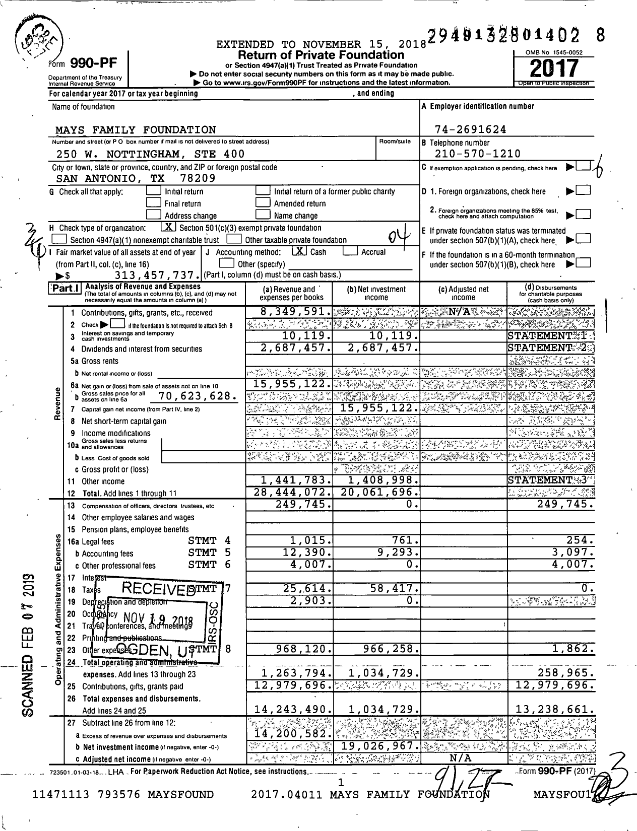 Image of first page of 2017 Form 990PF for Mays Family Foundation