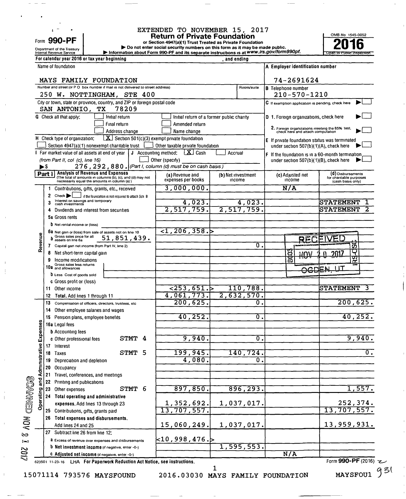 Image of first page of 2016 Form 990PF for Mays Family Foundation