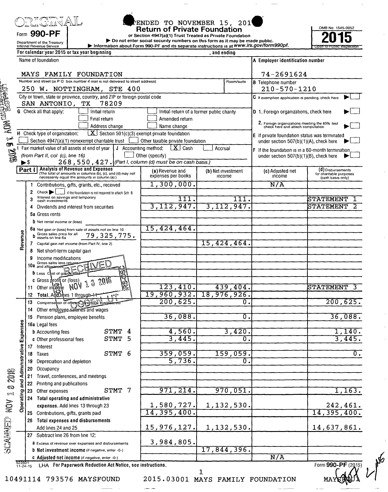 Image of first page of 2015 Form 990PF for Mays Family Foundation