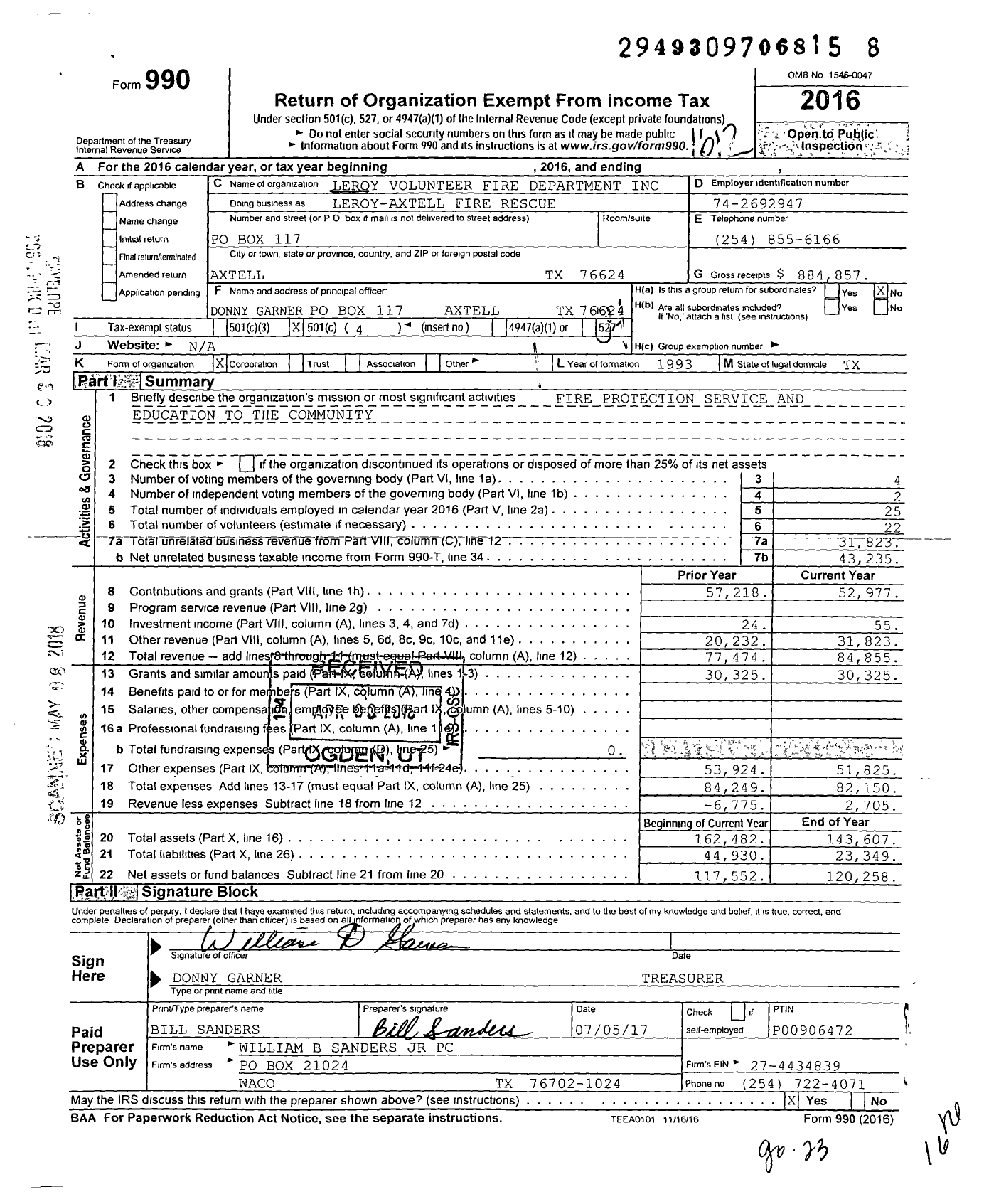 Image of first page of 2016 Form 990O for Leroy Volunteer Fire Department