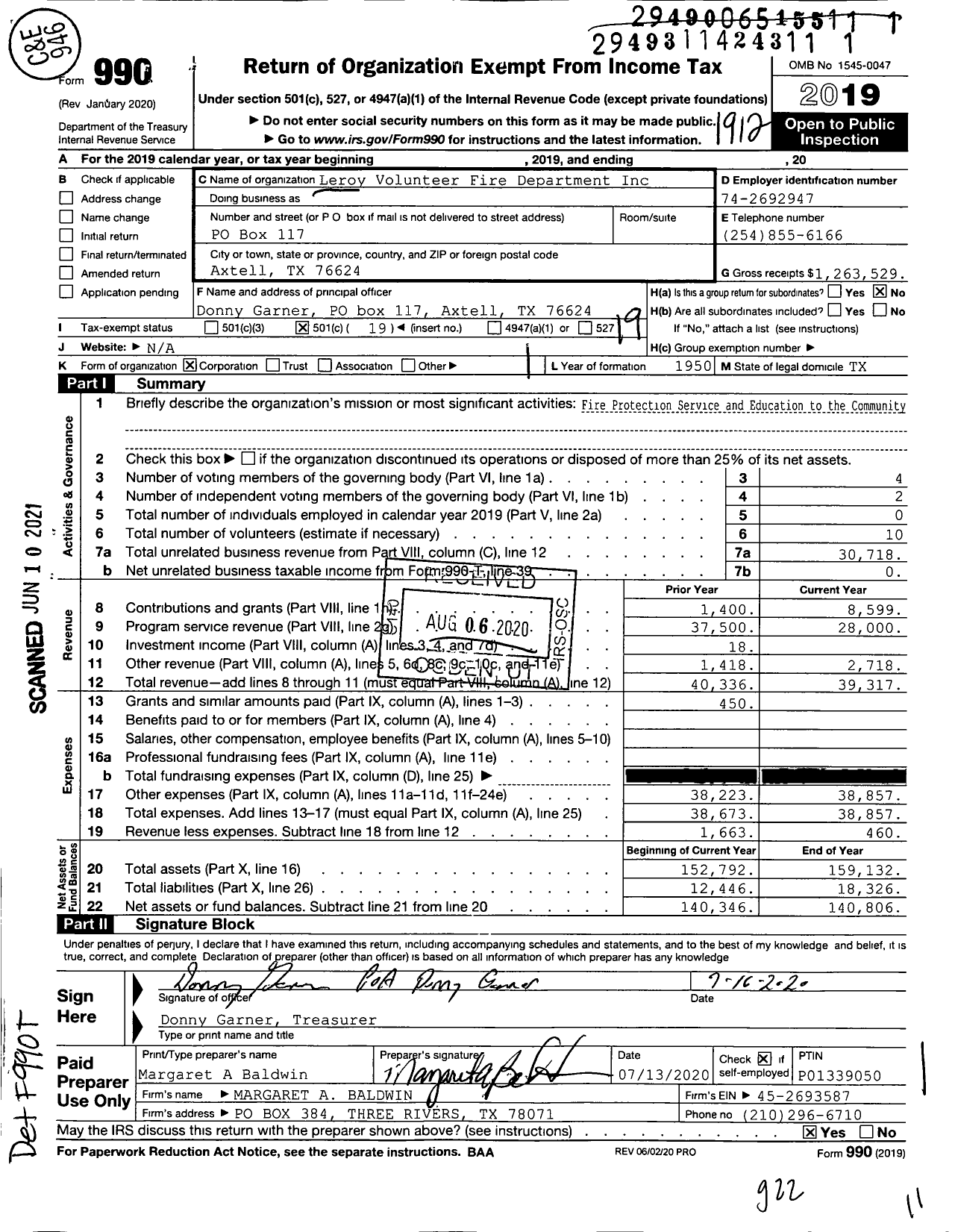 Image of first page of 2019 Form 990O for Leroy Volunteer Fire Department