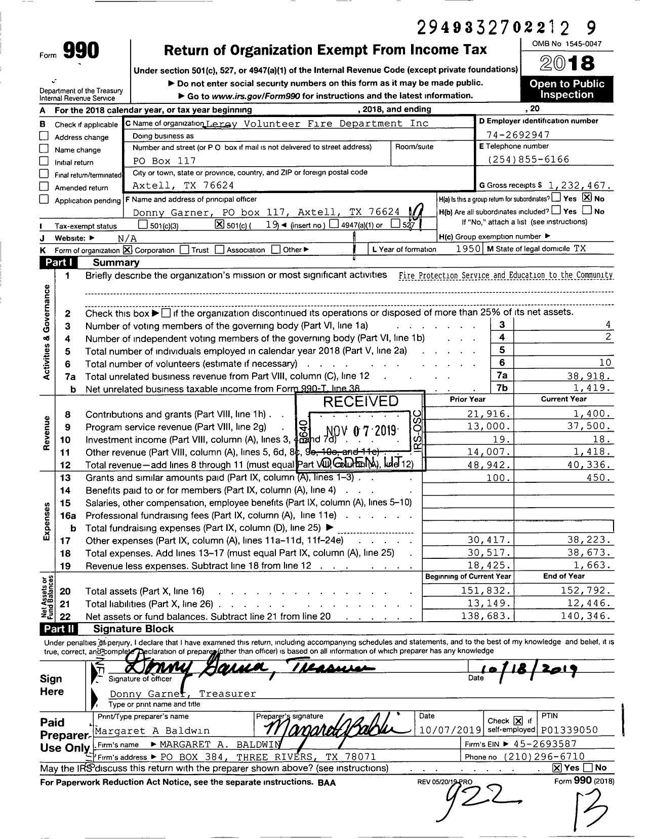 Image of first page of 2018 Form 990O for Leroy Volunteer Fire Department