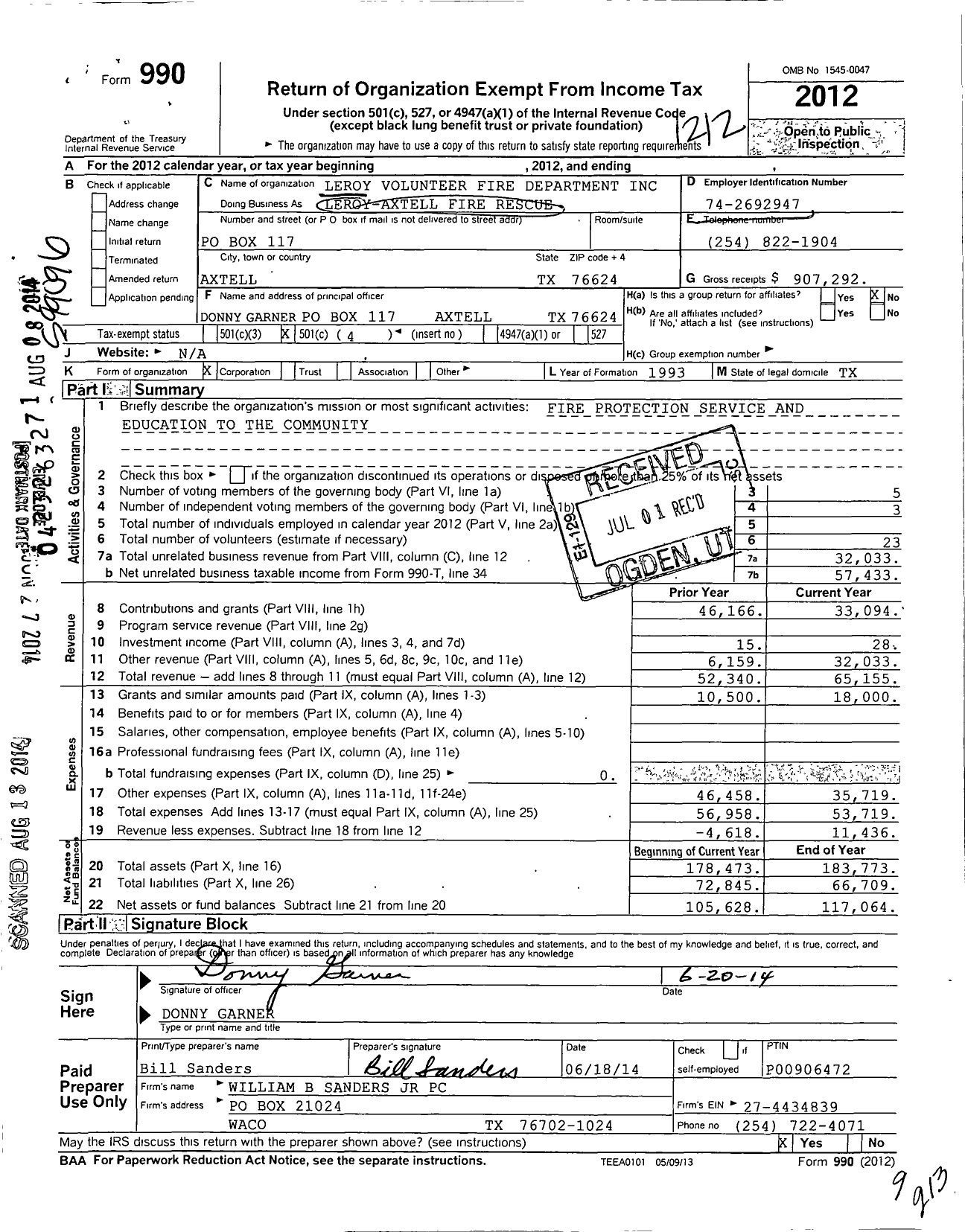 Image of first page of 2012 Form 990O for Leroy Volunteer Fire Department