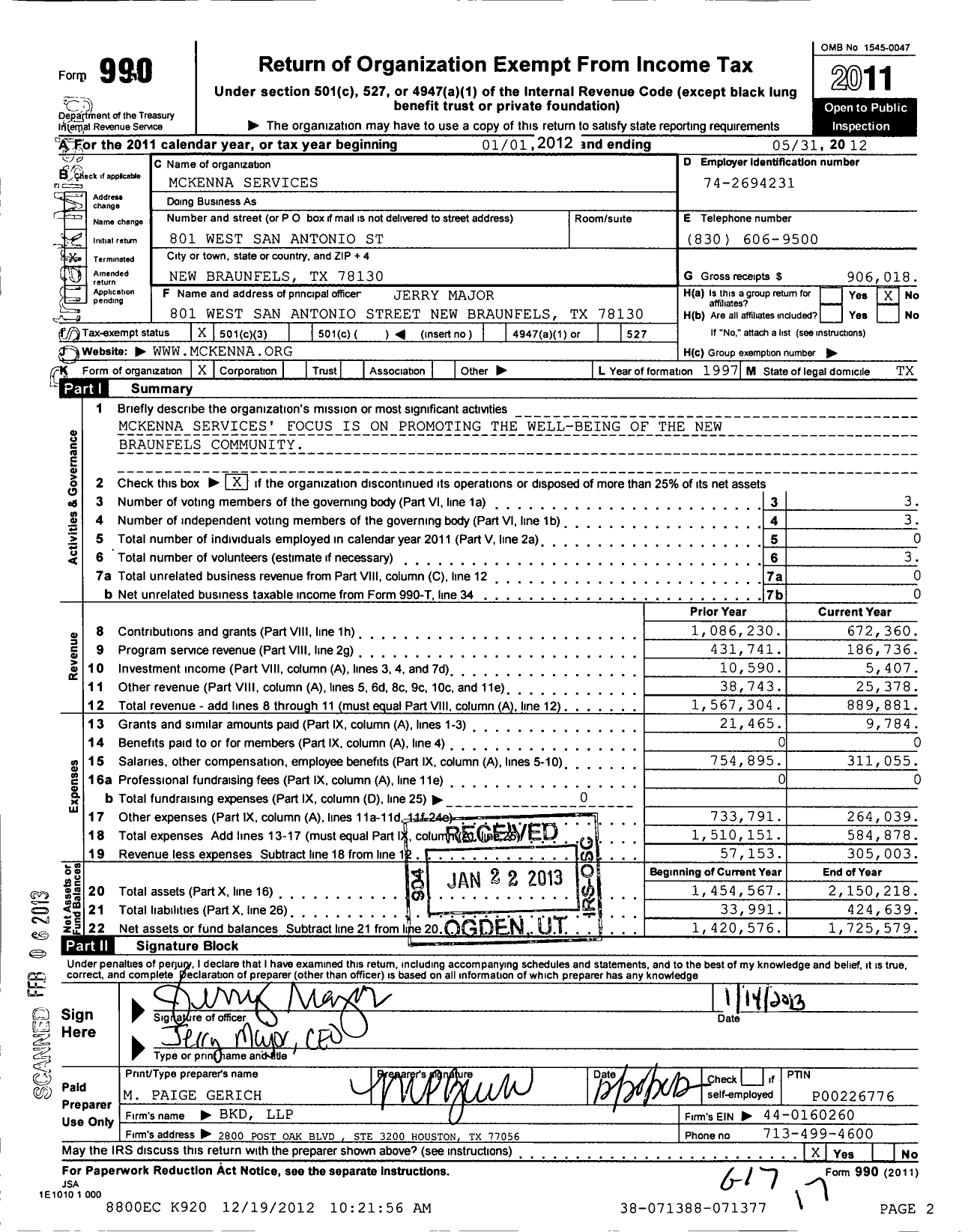 Image of first page of 2011 Form 990 for Mckenna Services