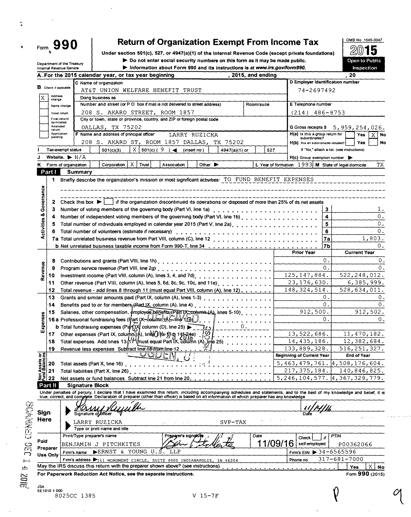 Image of first page of 2015 Form 990O for At&t Union Welfare Benefit Trust