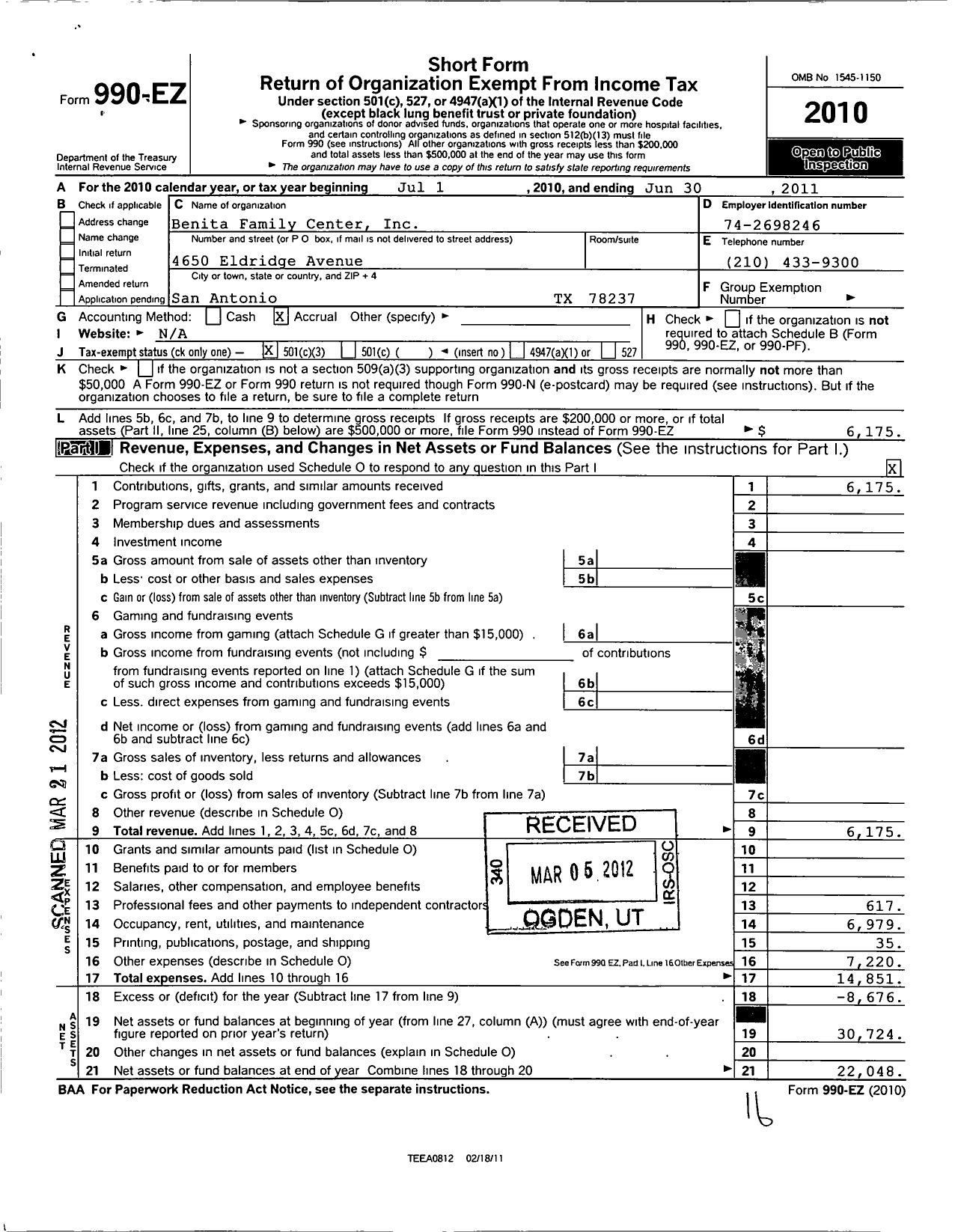 Image of first page of 2010 Form 990EZ for Benitia Family Center