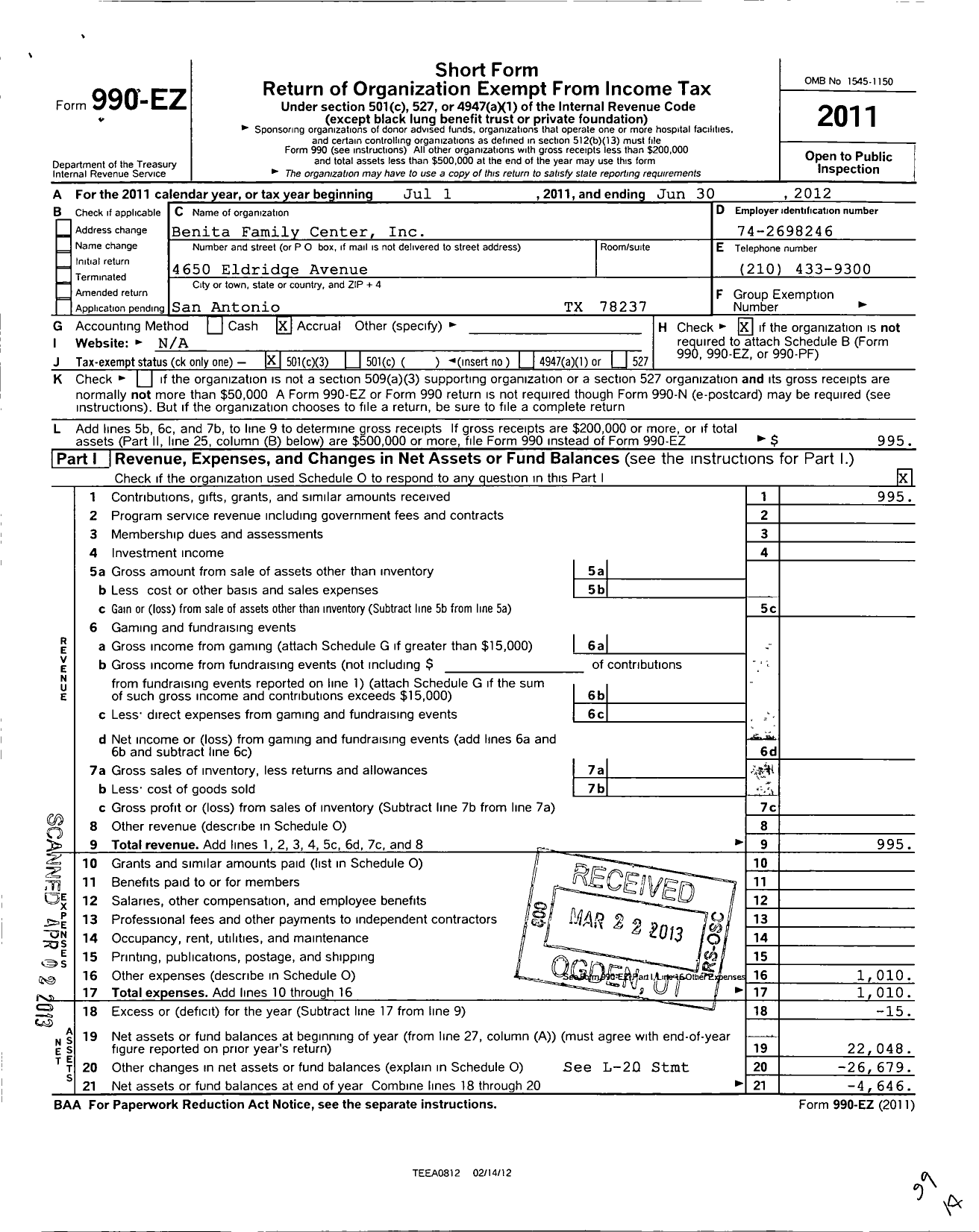 Image of first page of 2011 Form 990EZ for Benitia Family Center