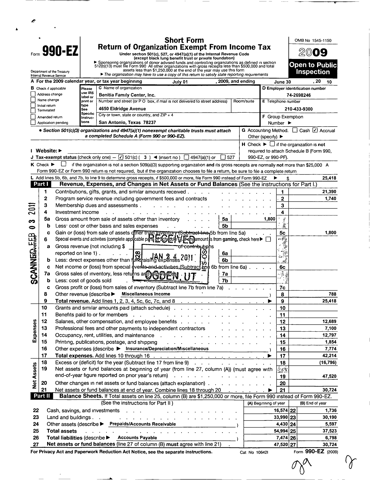 Image of first page of 2009 Form 990EZ for Benitia Family Center