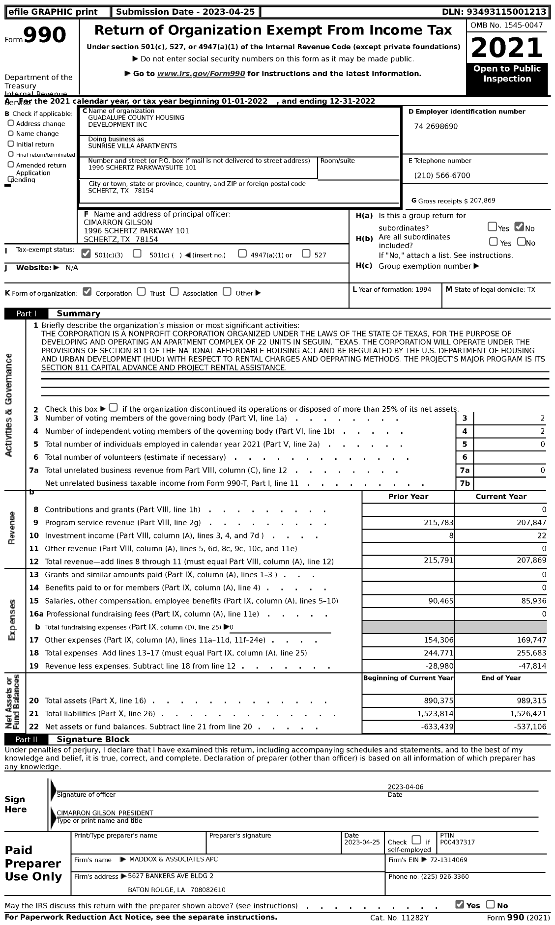 Image of first page of 2022 Form 990 for Sunrise Villa Apartments