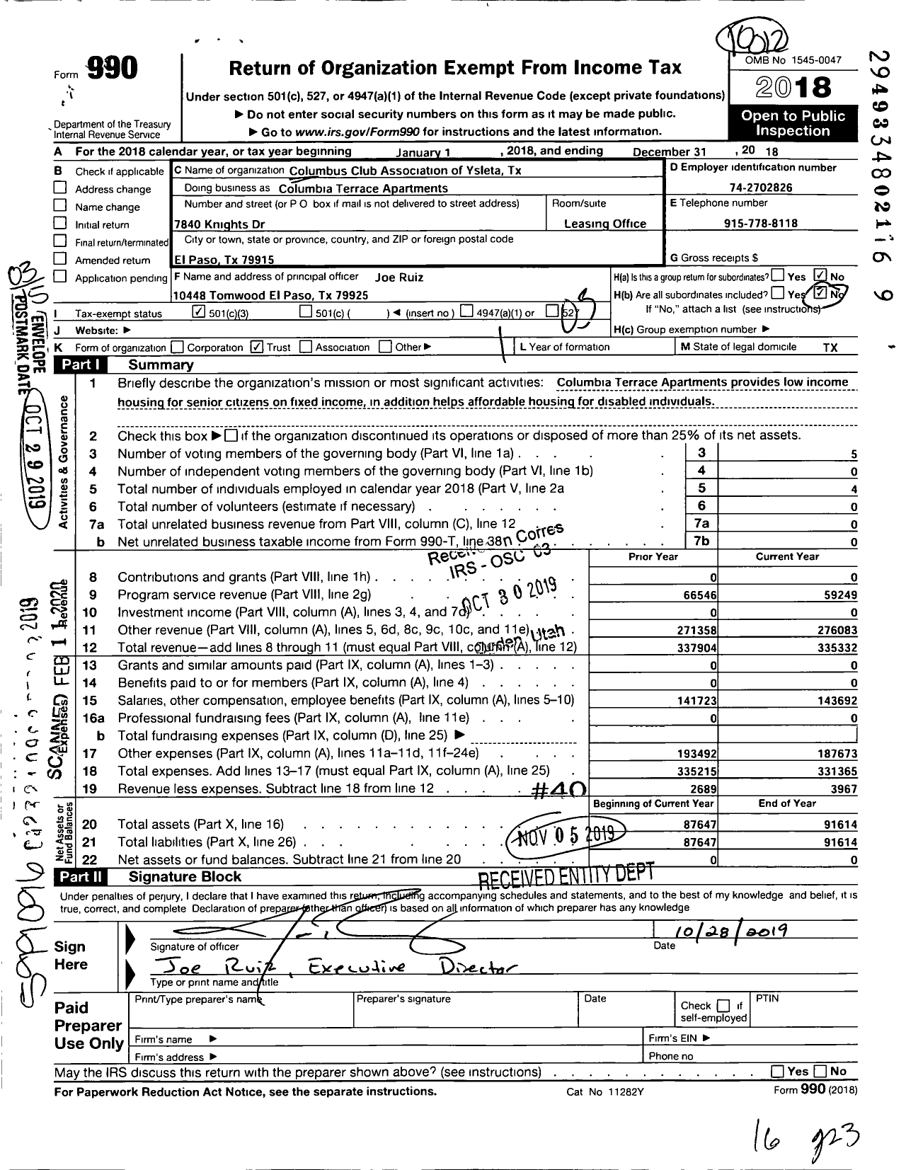 Image of first page of 2018 Form 990 for Columbia Terrace Apartments