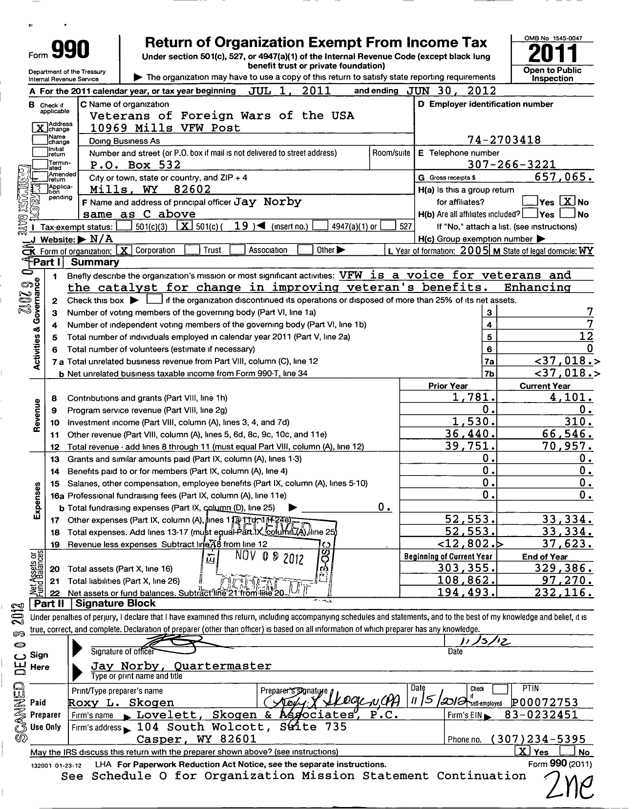Image of first page of 2011 Form 990O for Veterans of Foreign Wars of the United States Dept of Wyoming - 10969 Mills VFW Post
