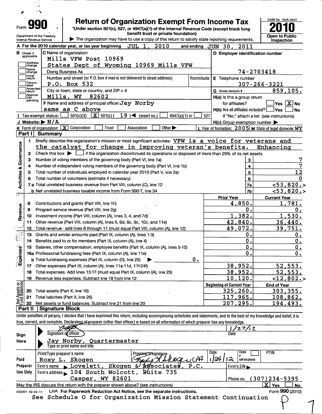 Image of first page of 2010 Form 990O for Veterans of Foreign Wars of the United States Dept of Wyoming - 10969 Mills VFW Post