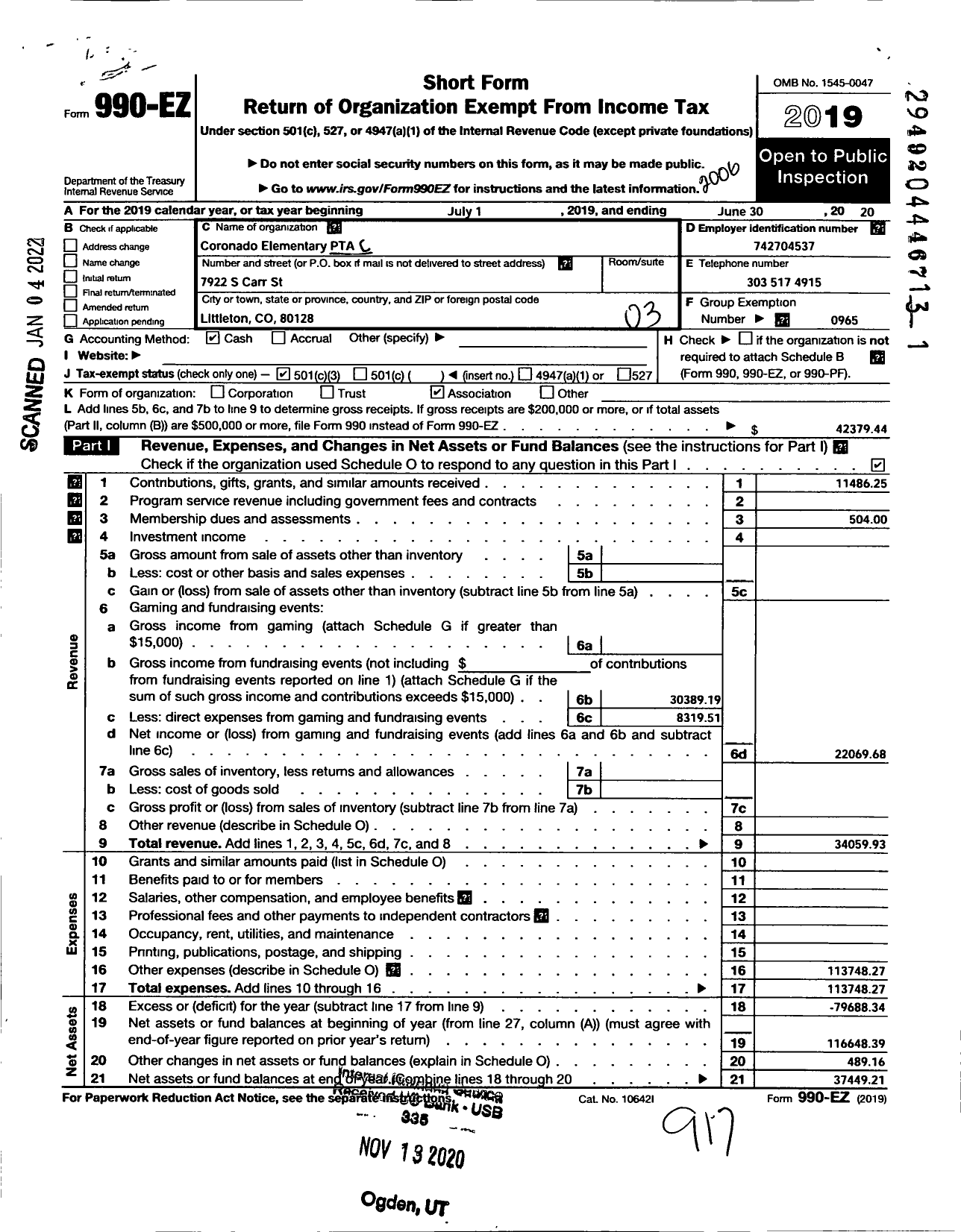 Image of first page of 2019 Form 990EZ for Coronado Elementary PTA