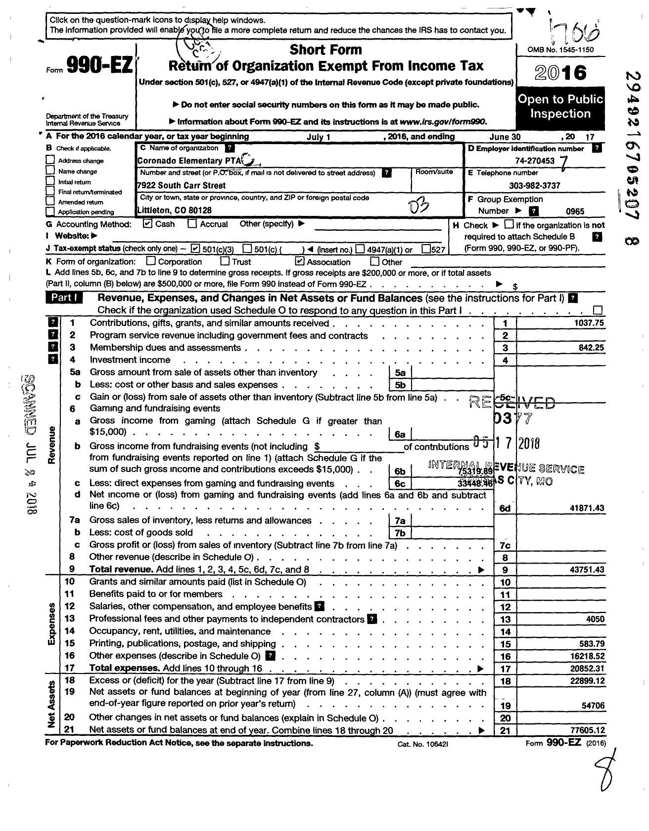 Image of first page of 2016 Form 990EZ for Coronado Elementary PTA