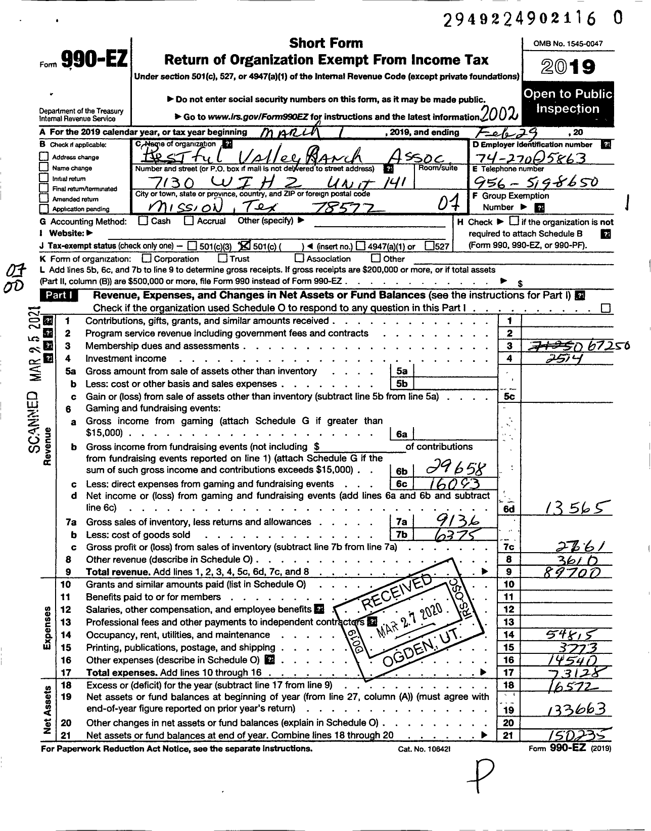 Image of first page of 2019 Form 990EO for Restful Valley Ranch Association