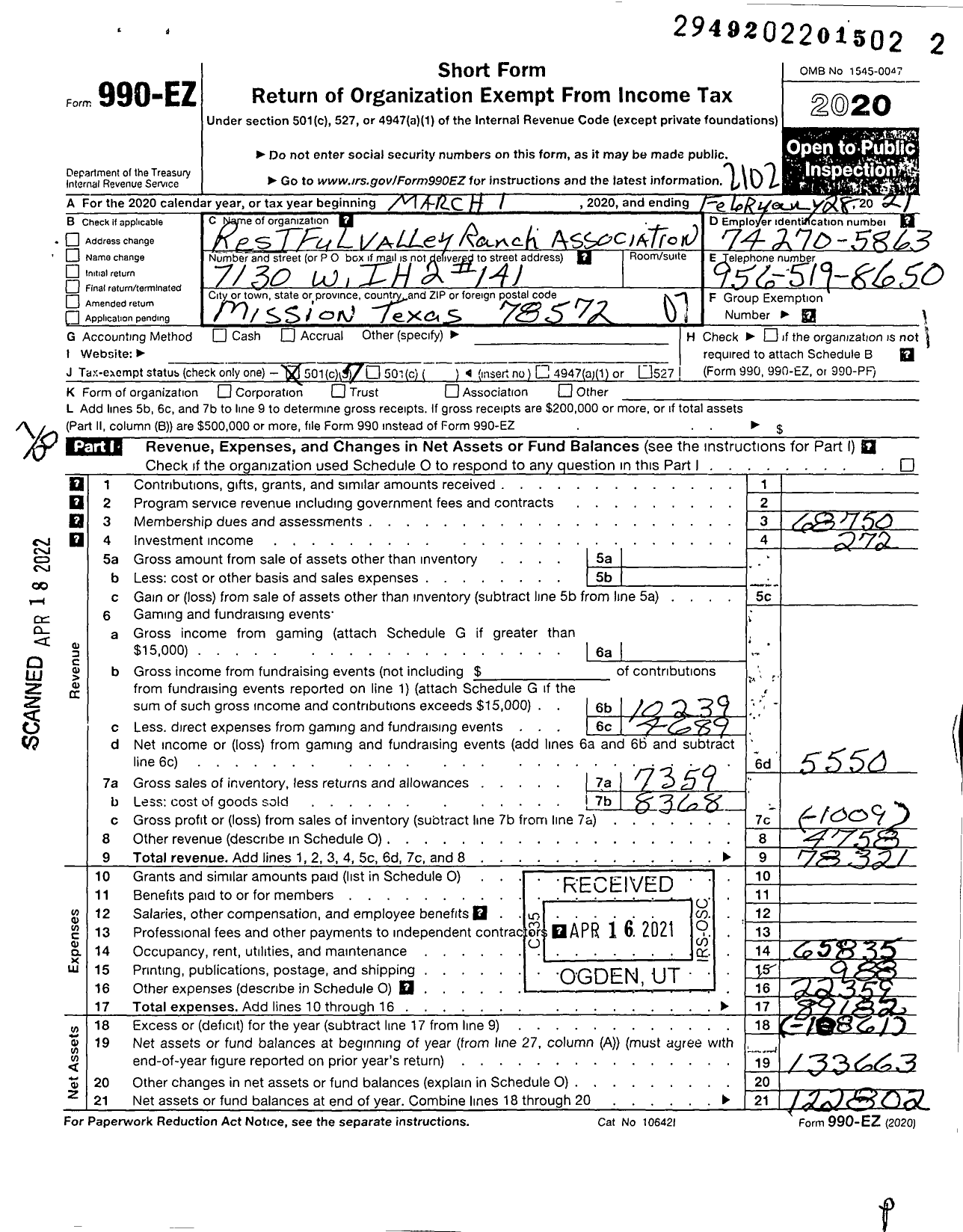 Image of first page of 2020 Form 990EO for Restful Valley Ranch Association