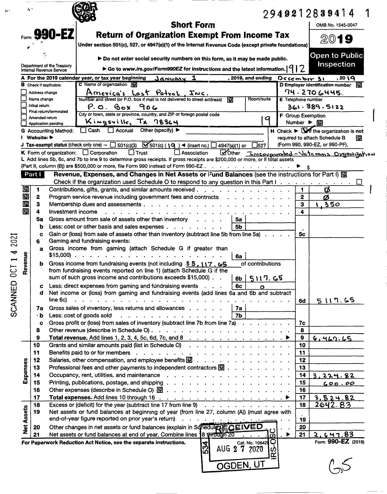 Image of first page of 2019 Form 990EO for Americas Last Patrol