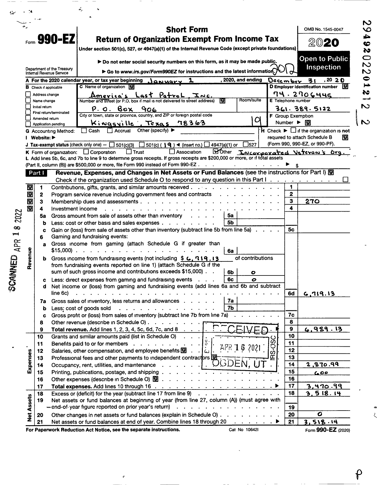 Image of first page of 2020 Form 990EO for Americas Last Patrol