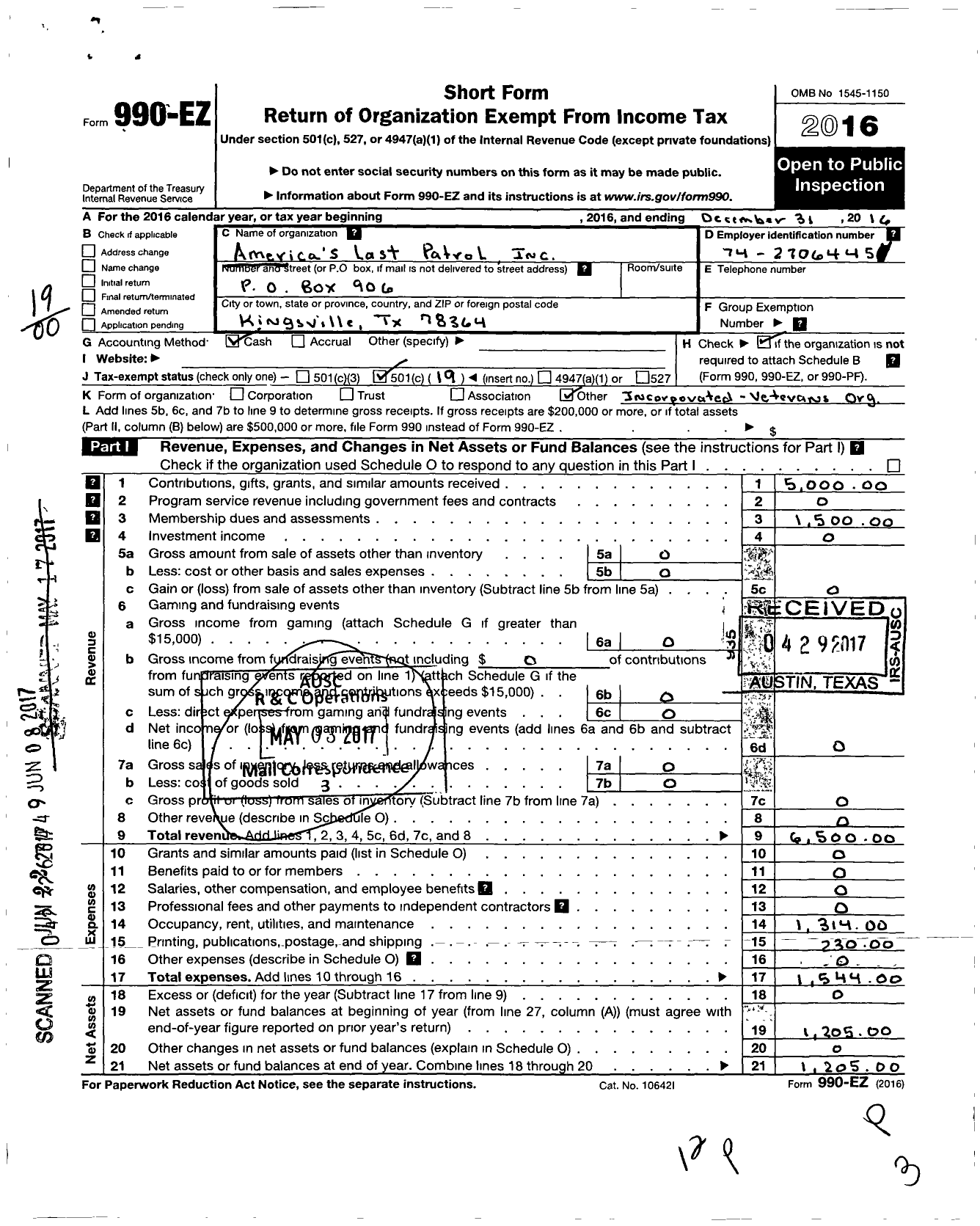 Image of first page of 2016 Form 990EO for Americas Last Patrol