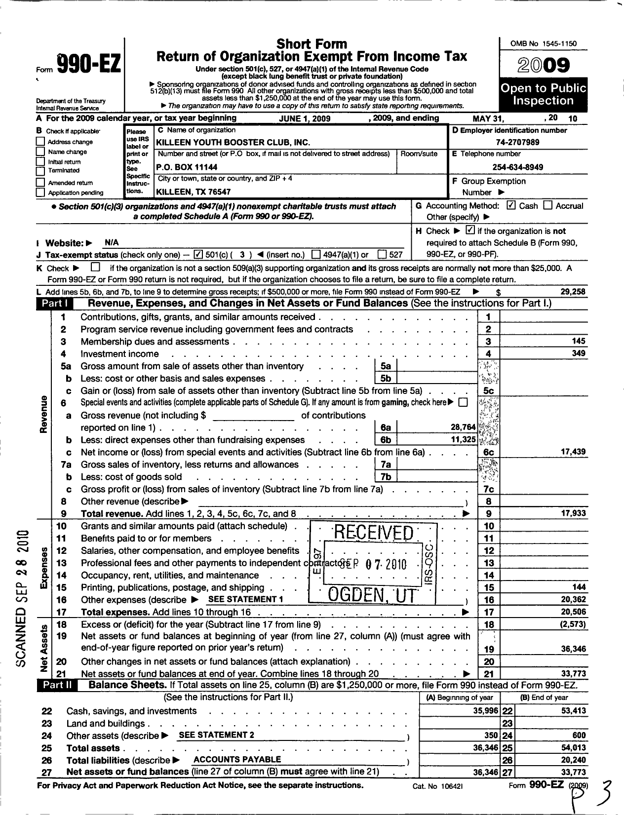 Image of first page of 2009 Form 990EZ for Killeen Youth Boosters Club