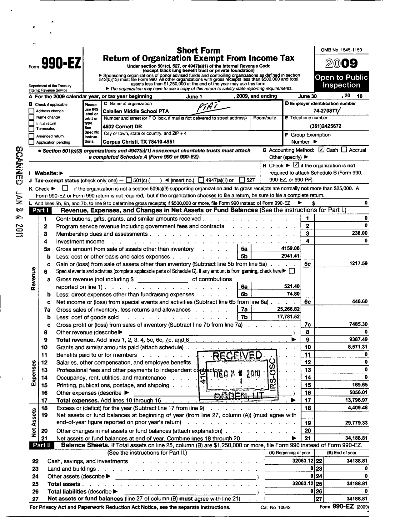 Image of first page of 2009 Form 990EO for Texas PTA - 1394 Calallen Middle School