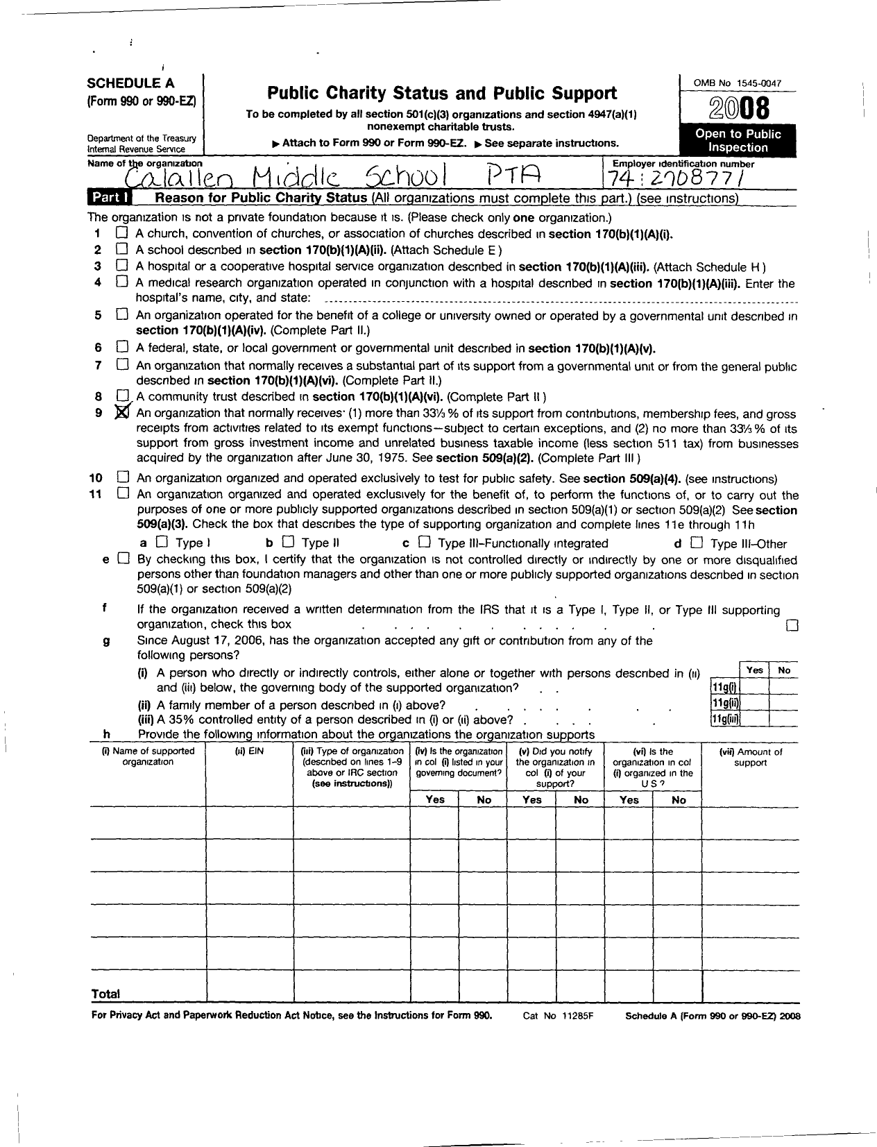 Image of first page of 2008 Form 990ER for Texas PTA - 1394 Calallen Middle School