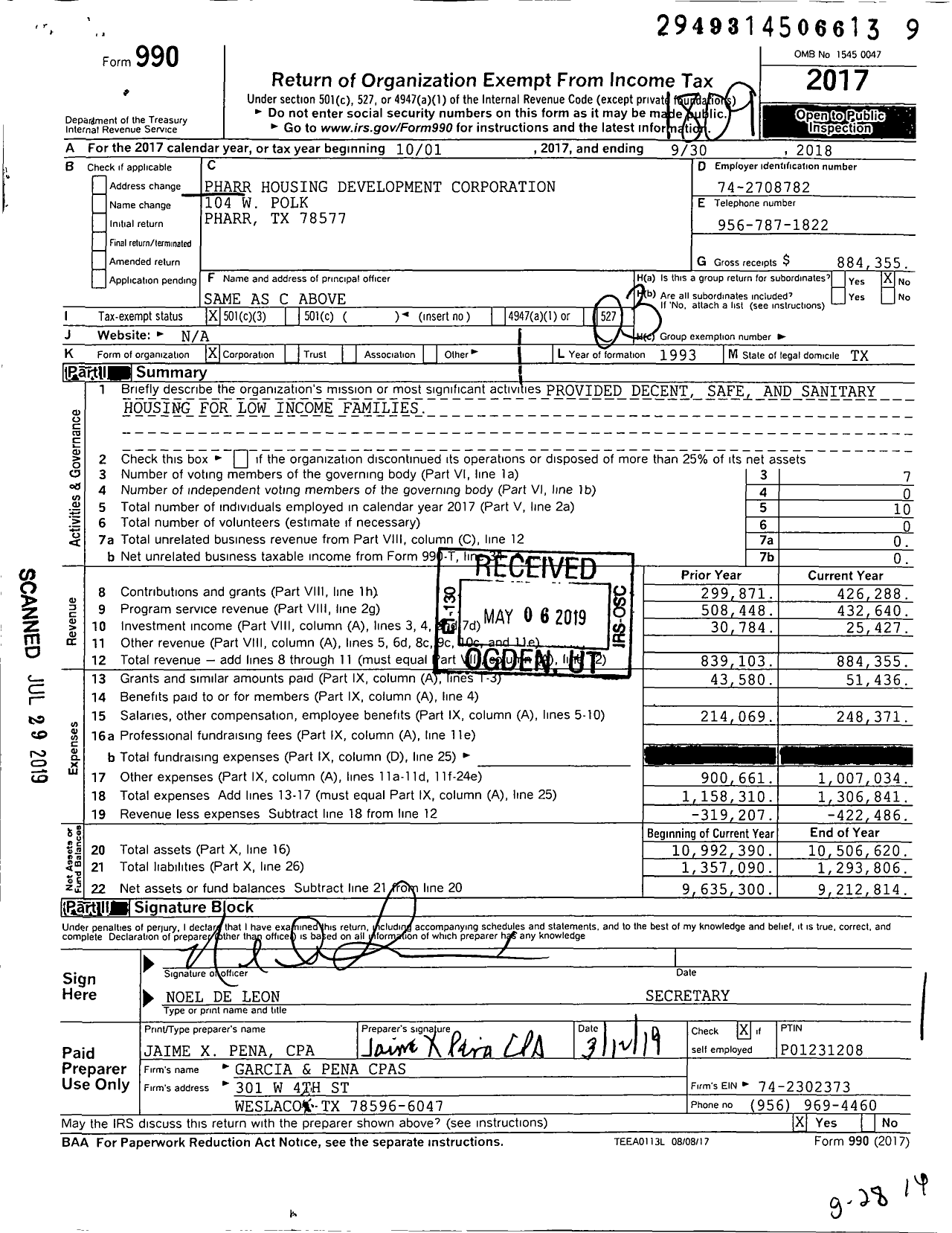 Image of first page of 2017 Form 990 for Pharr Housing Development Corporation