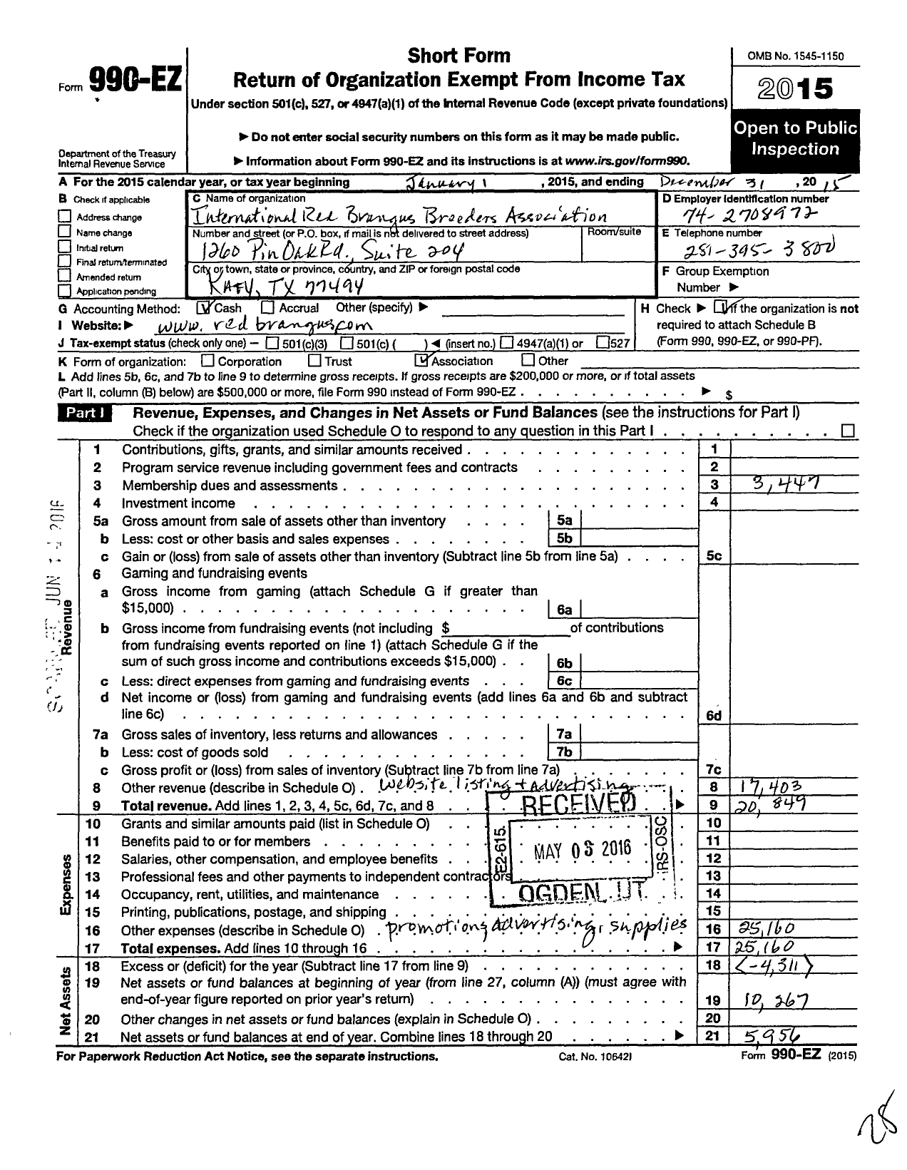 Image of first page of 2015 Form 990EO for International Red Brangus Breeders Association