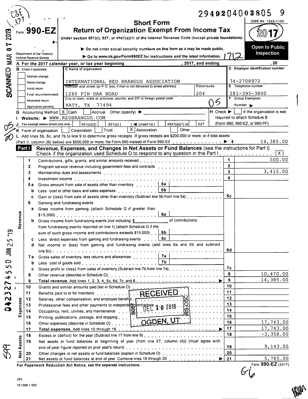 Image of first page of 2017 Form 990EO for International Red Brangus Breeders Association