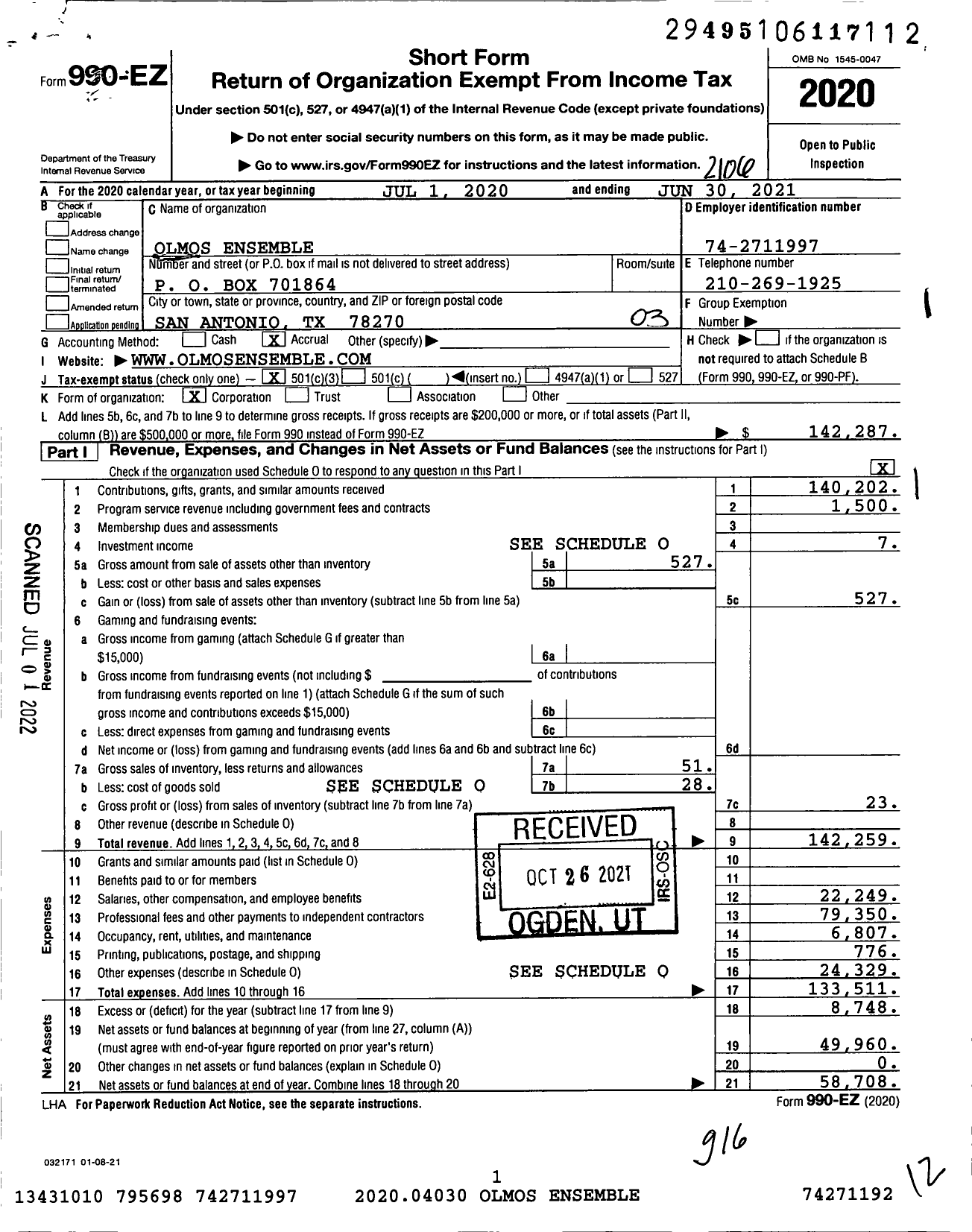 Image of first page of 2020 Form 990EZ for Olmos Ensemble