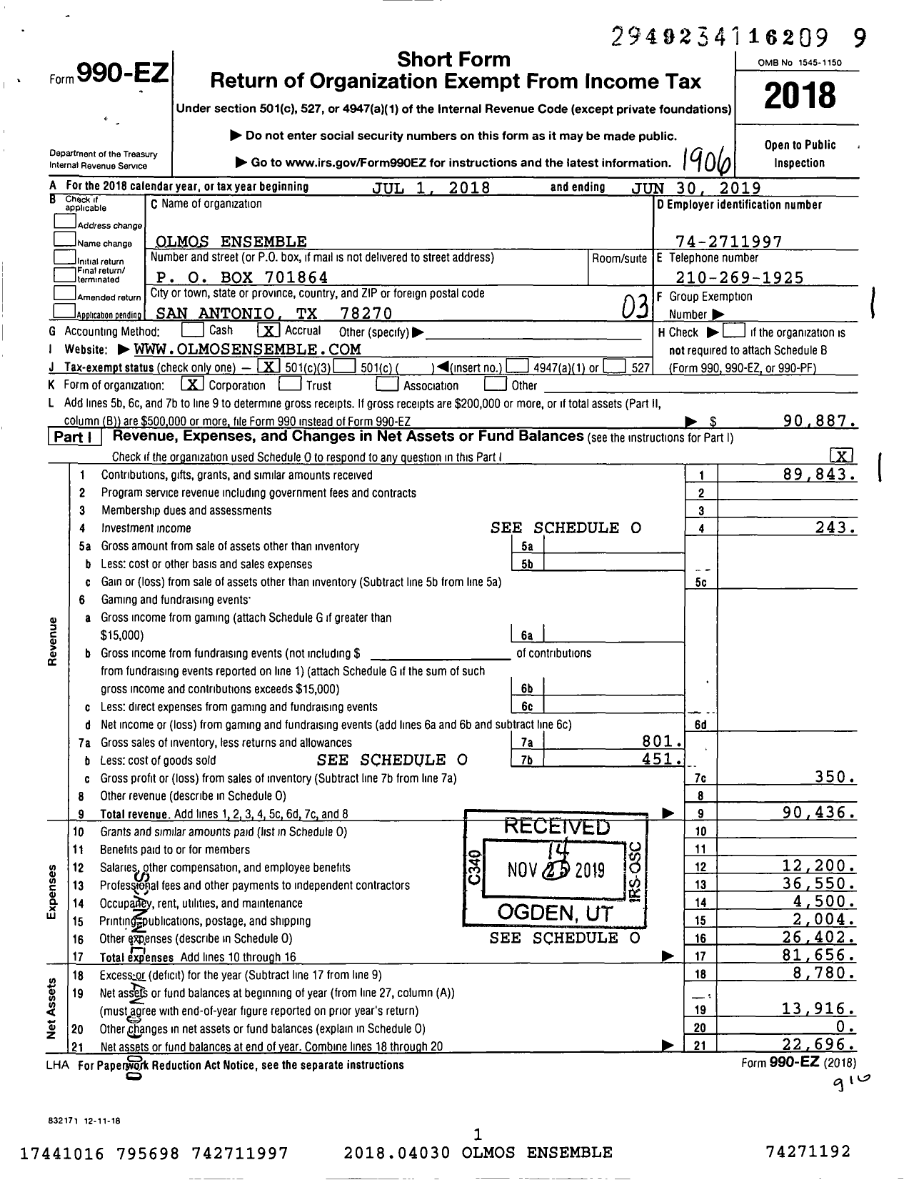 Image of first page of 2018 Form 990EZ for Olmos Ensemble