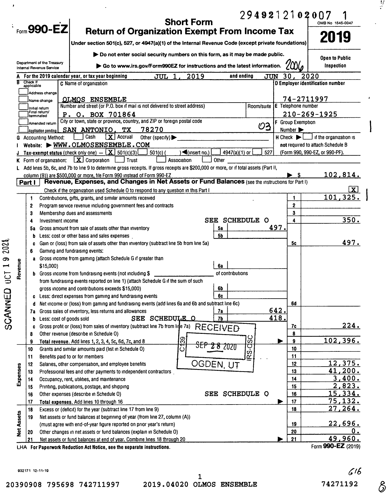 Image of first page of 2019 Form 990EZ for Olmos Ensemble