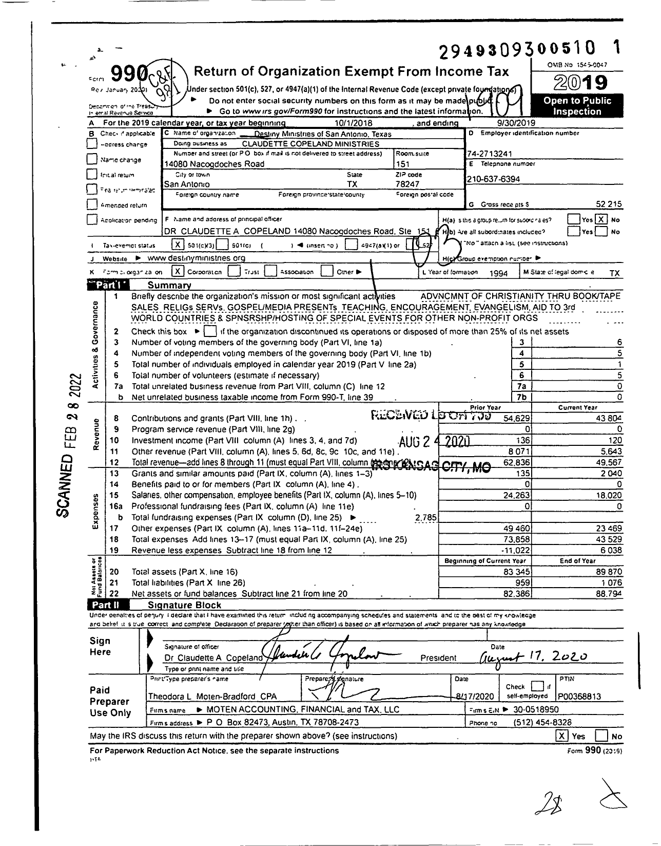 Image of first page of 2018 Form 990 for Claudette Copeland Ministries