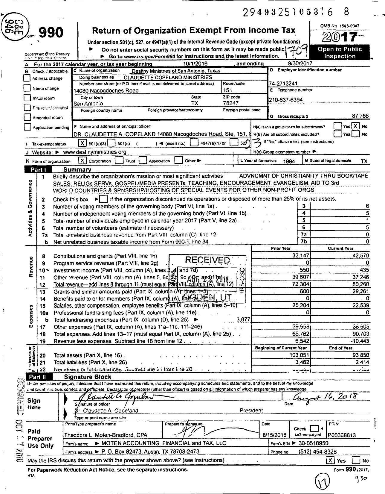 Image of first page of 2016 Form 990 for Claudette Copeland Ministries