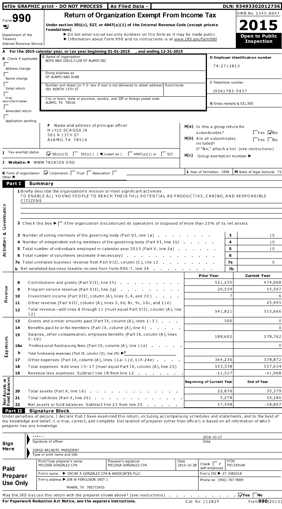 Image of first page of 2015 Form 990 for Boys and Girls Club of Alamo