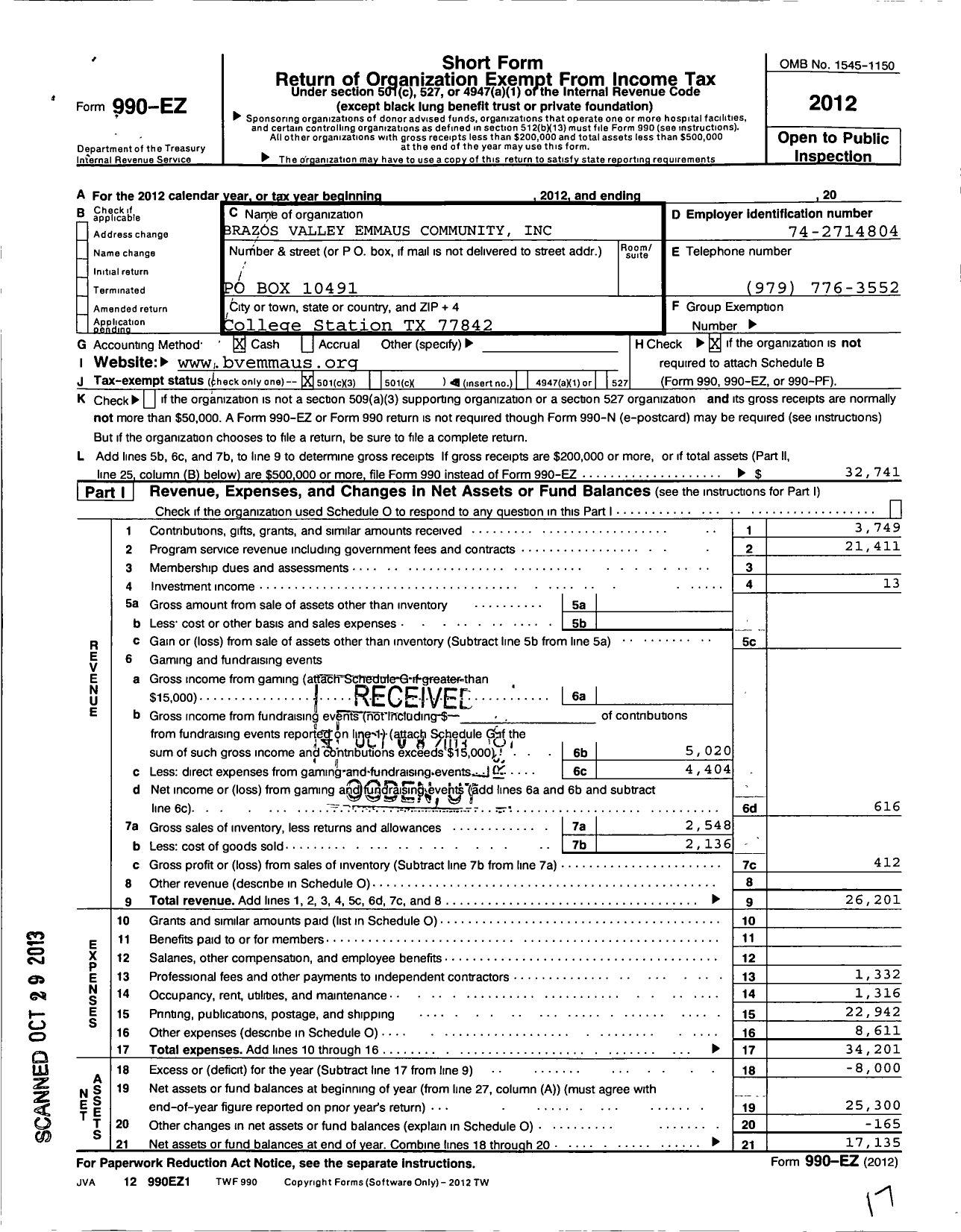 Image of first page of 2012 Form 990EZ for Brazos Valley Emmaus Community
