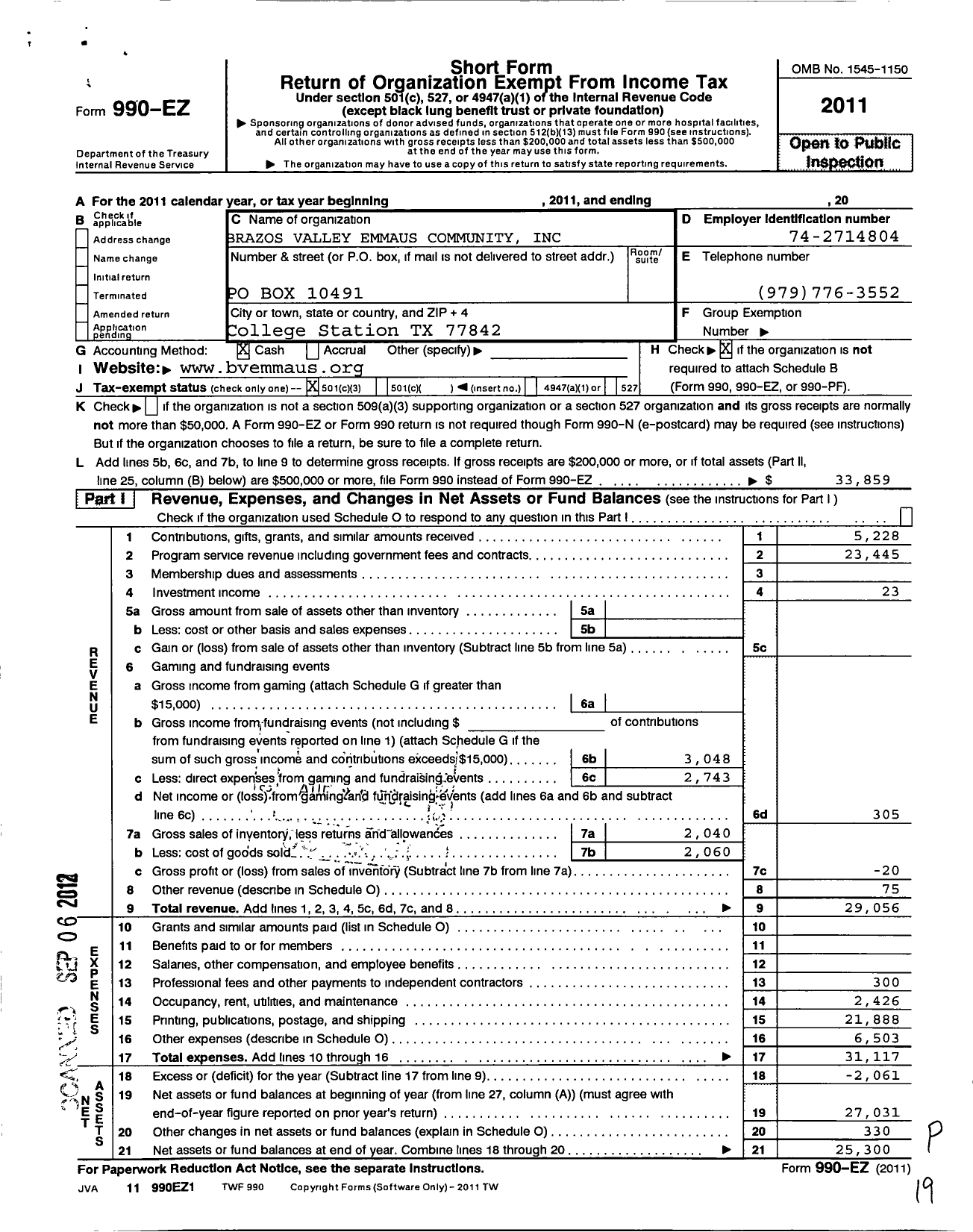 Image of first page of 2011 Form 990EZ for Brazos Valley Emmaus Community