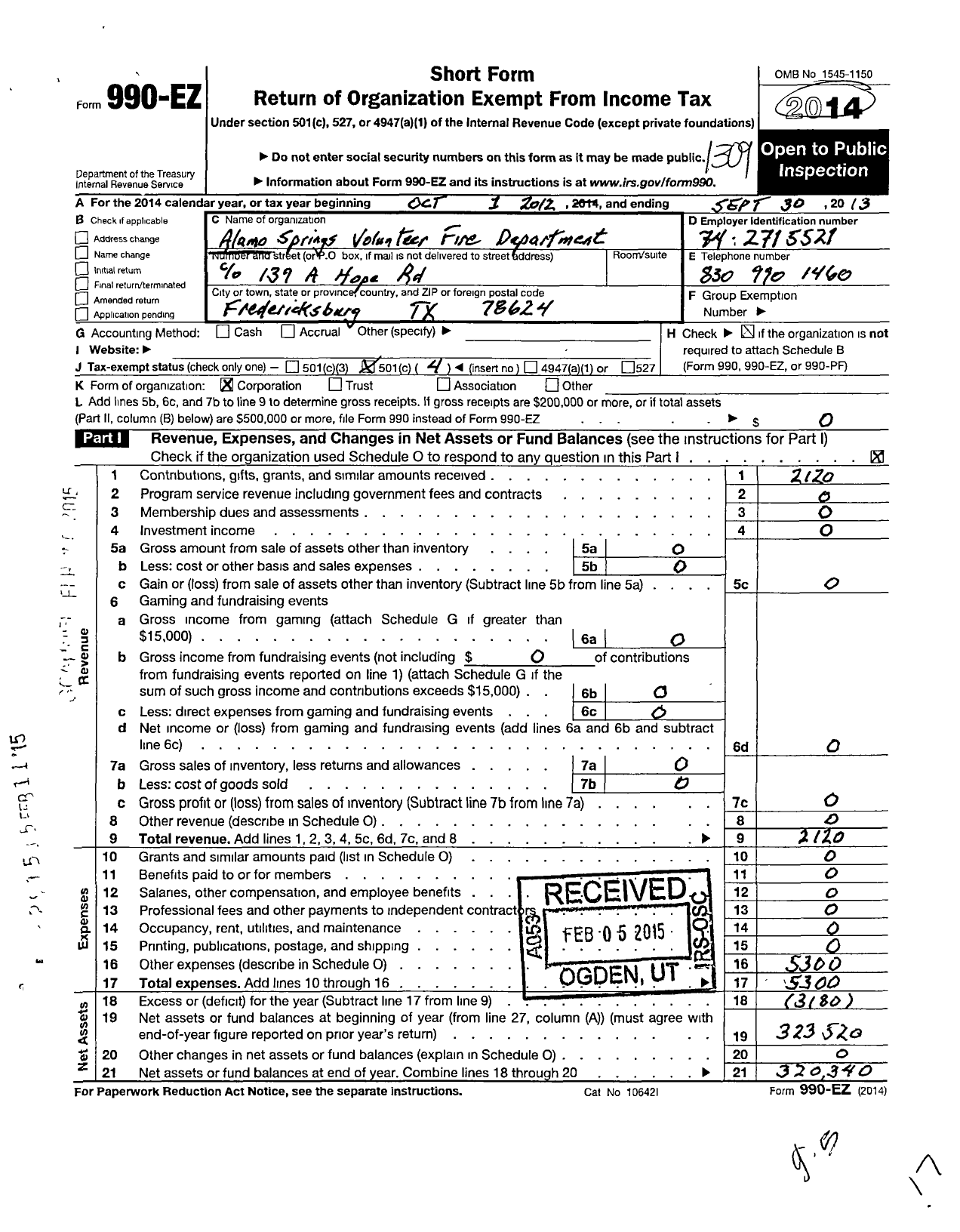 Image of first page of 2012 Form 990EO for Alamo Springs Volunteer Fire Depart Department