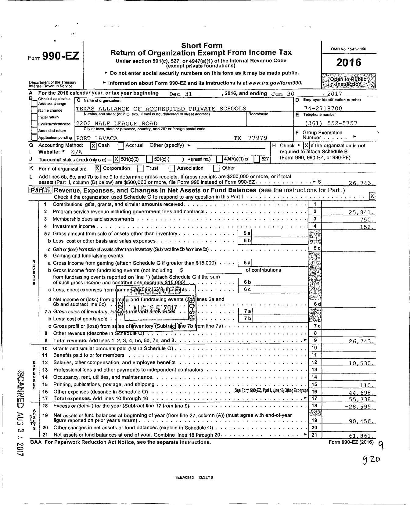 Image of first page of 2016 Form 990EZ for Texas Alliance of Accredited