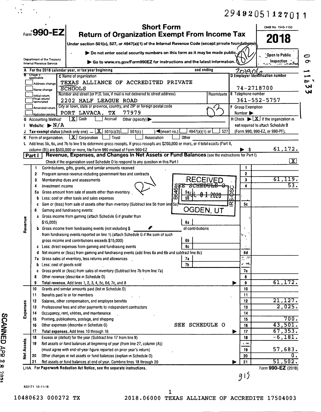 Image of first page of 2018 Form 990EZ for Texas Alliance of Accredited