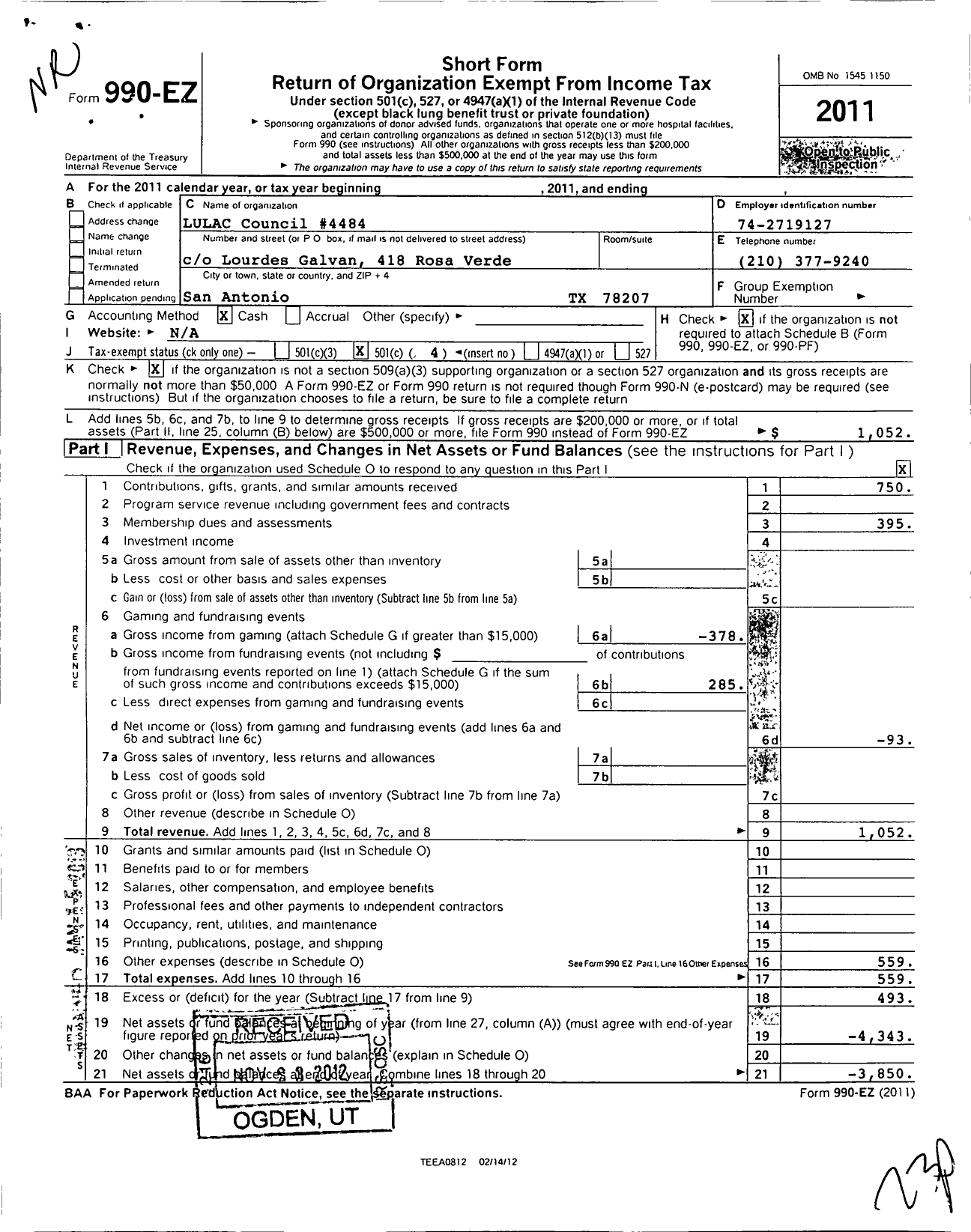 Image of first page of 2011 Form 990EO for League of United Latin American Citizens / 4484-j Lulac Council