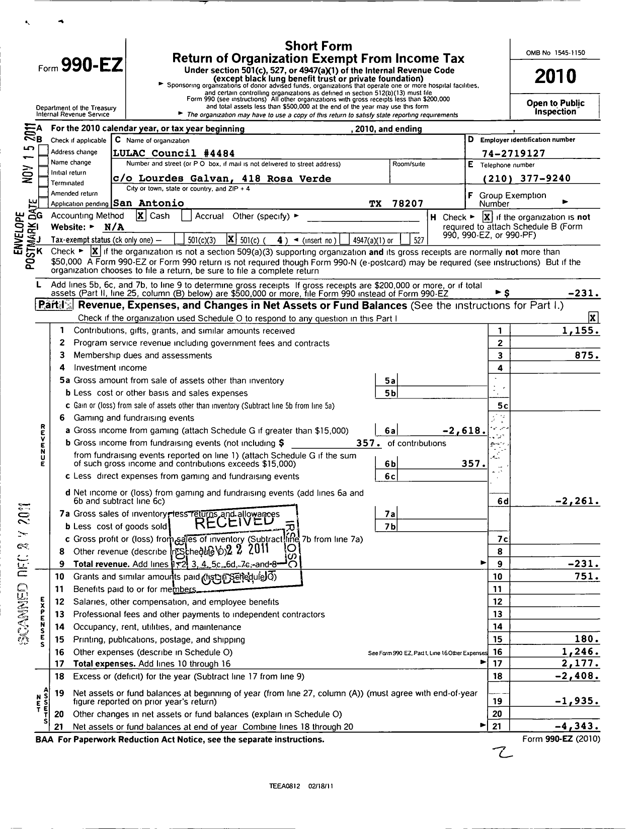 Image of first page of 2010 Form 990EO for League of United Latin American Citizens / 4484-j Lulac Council