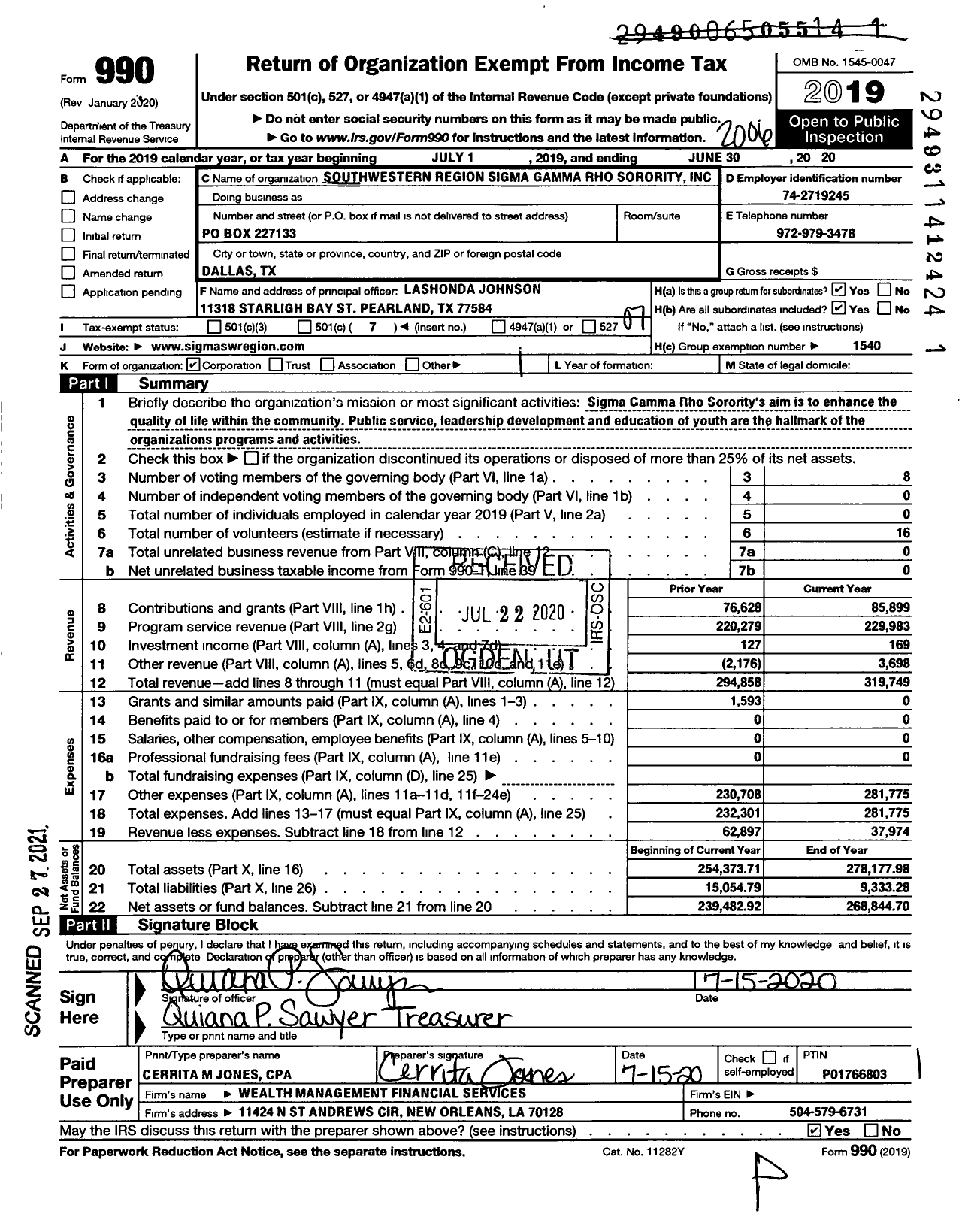 Image of first page of 2019 Form 990O for Southwestern Region Sigma Gamma Rho Sorority