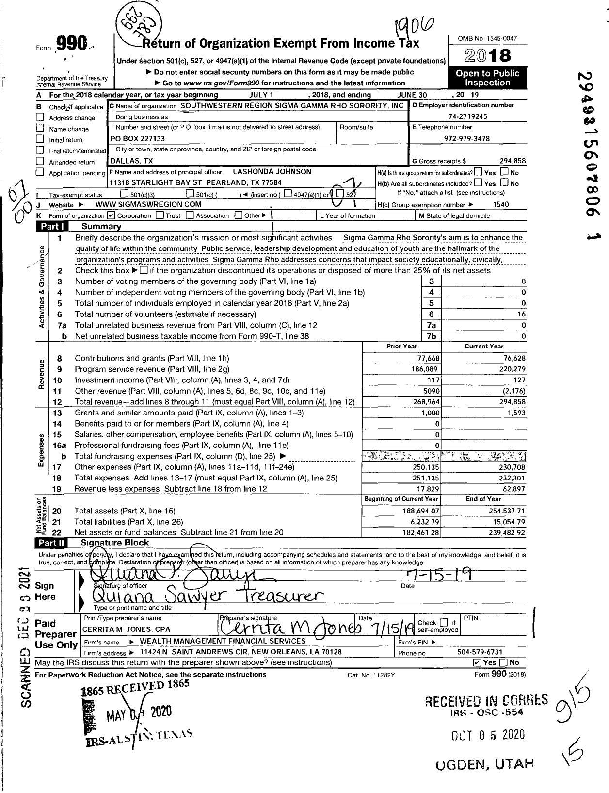 Image of first page of 2018 Form 990O for Southwestern Region Sigma Gamma Rho Sorority