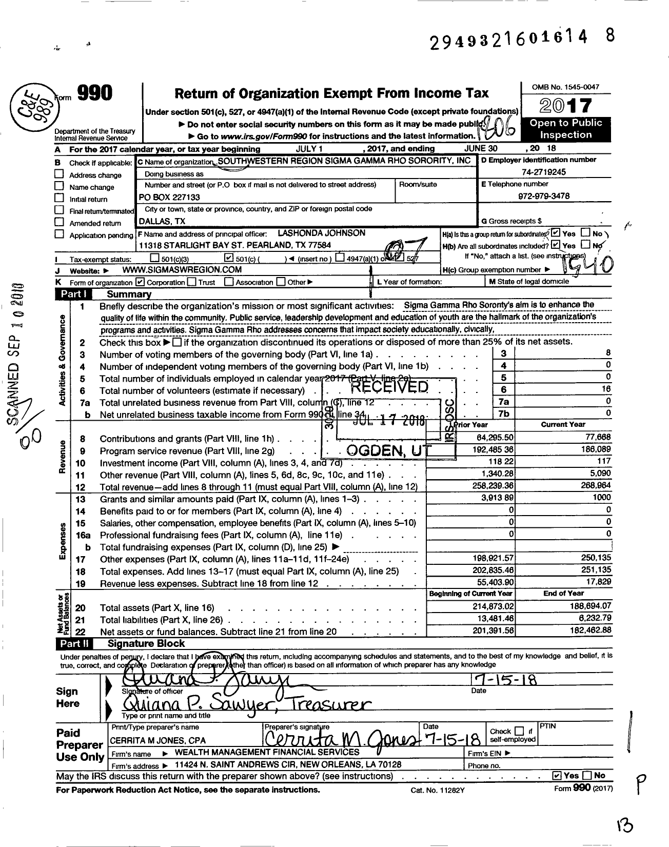 Image of first page of 2017 Form 990O for Southwestern Region Sigma Gamma Rho Sorority