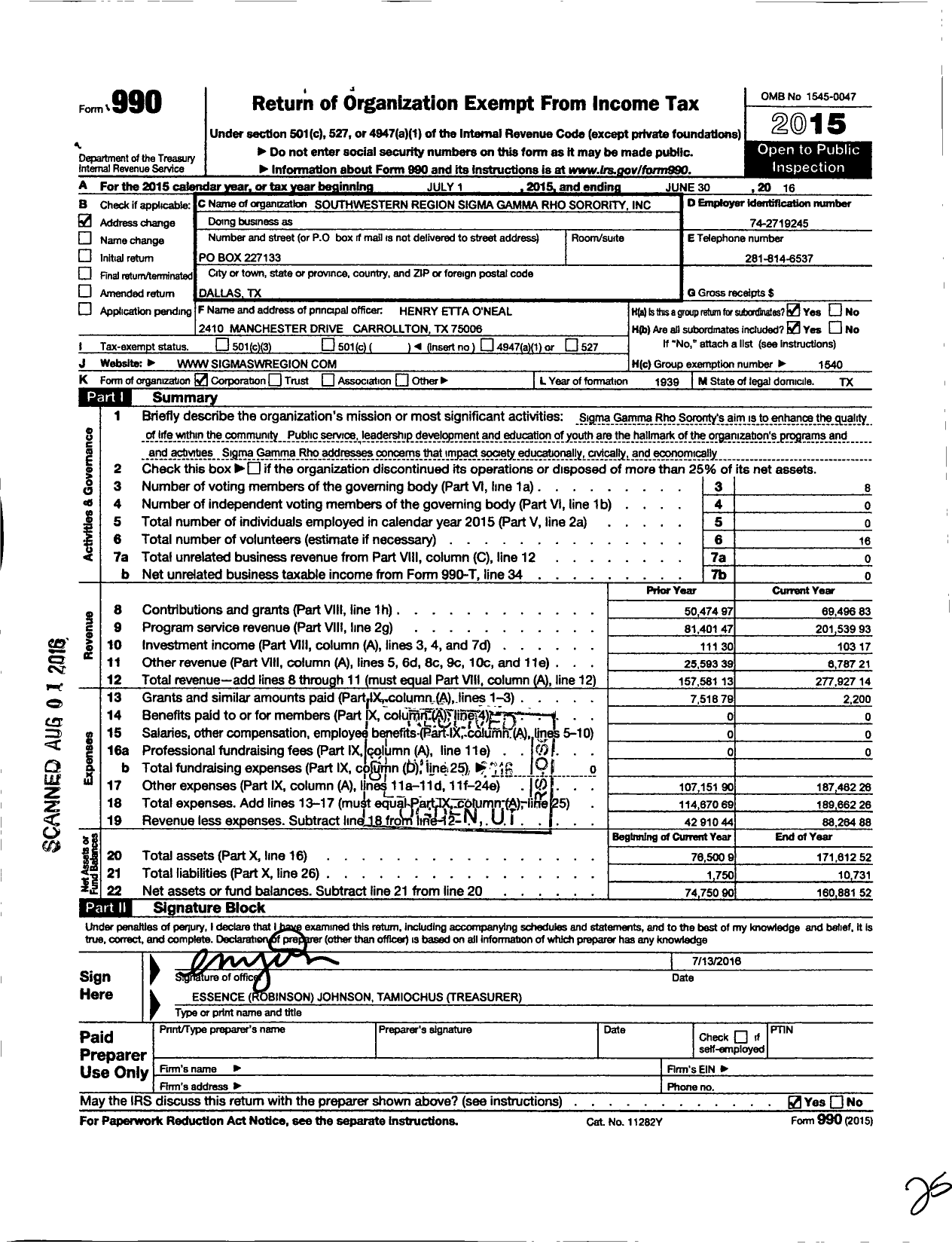 Image of first page of 2015 Form 990O for Southwestern Region Sigma Gamma Rho Sorority