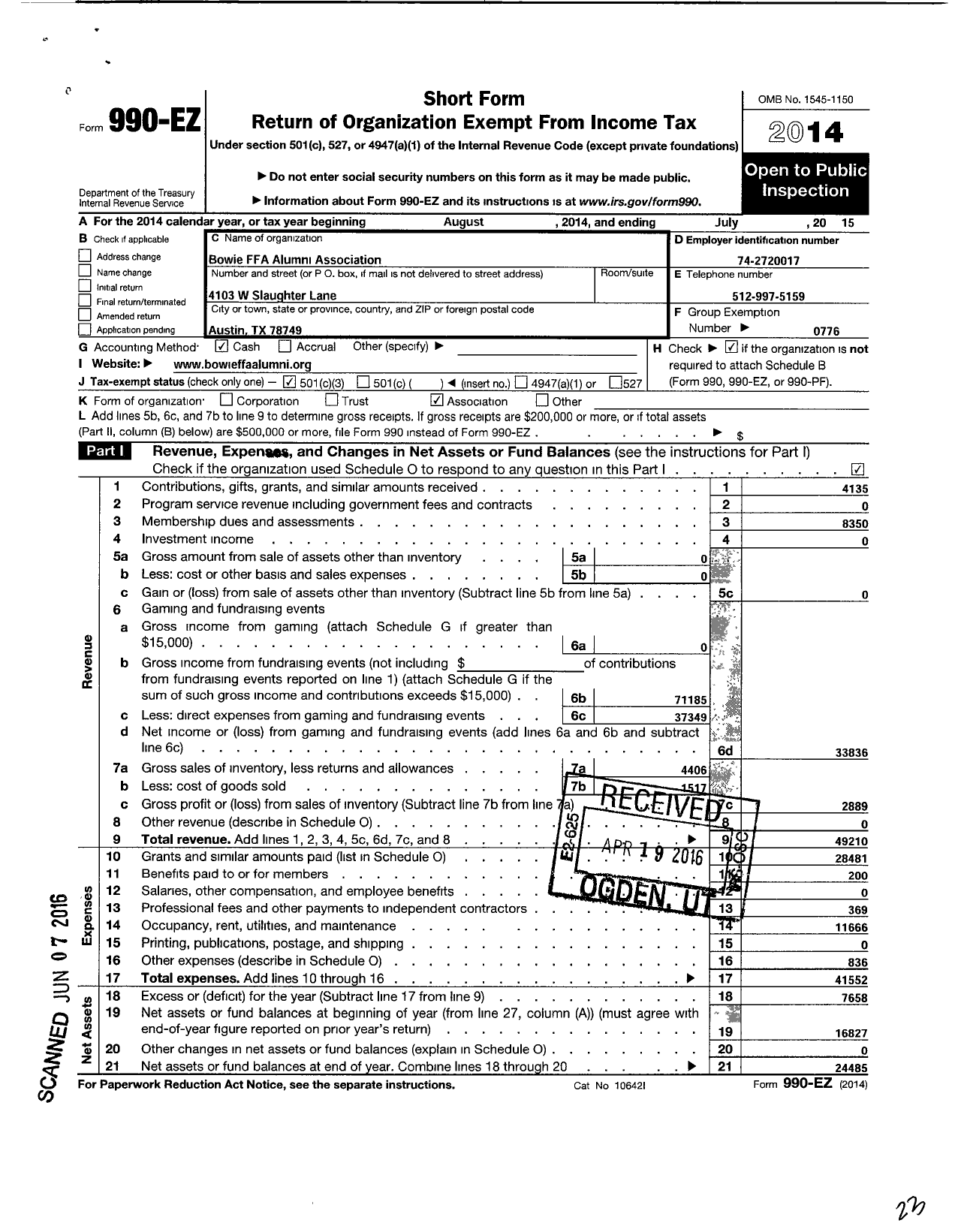 Image of first page of 2014 Form 990EZ for Future Farmers of America - Bowie-Austin Ffa Alumni Association