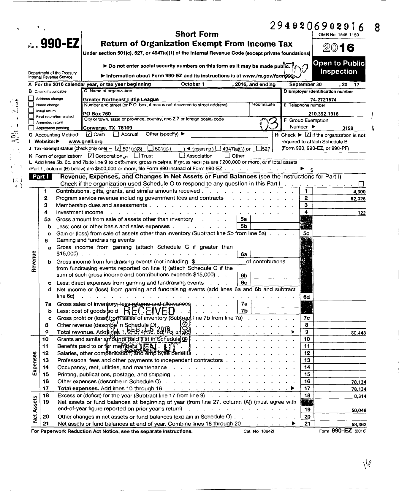 Image of first page of 2016 Form 990EZ for Little League Baseball - 3431907 Greater Northeast LL