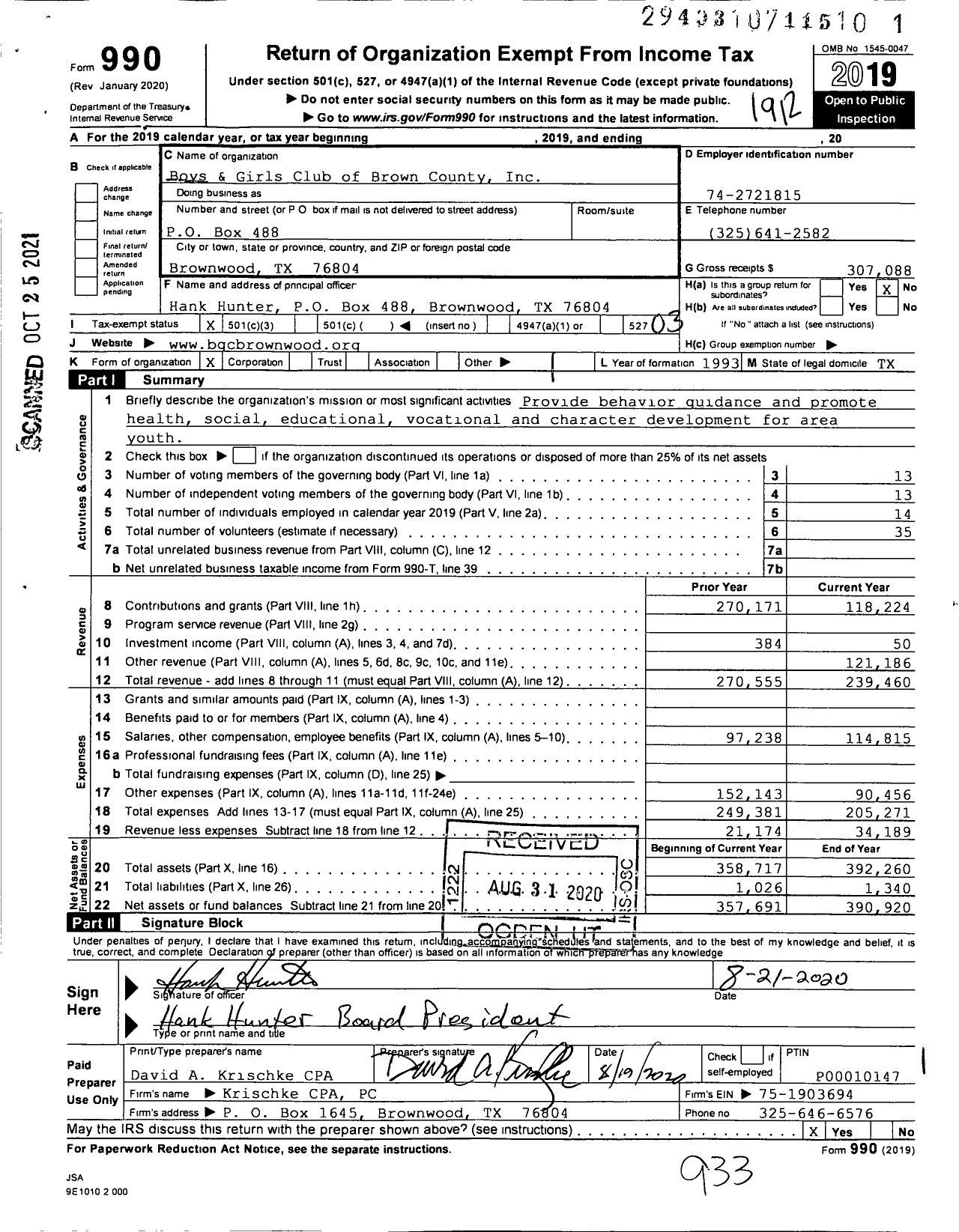 Image of first page of 2019 Form 990 for Boys and Girls Club of Brown County