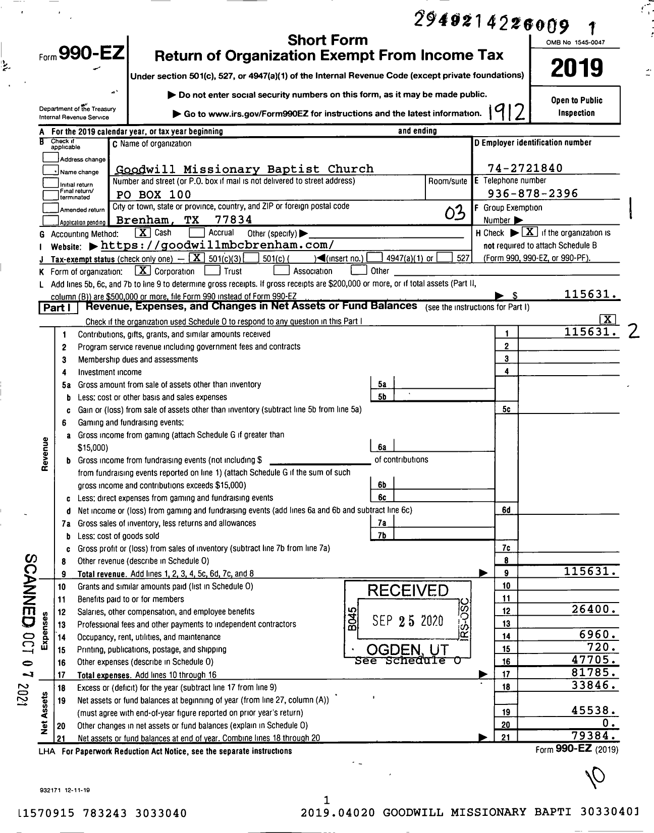 Image of first page of 2019 Form 990EZ for Goodwill Missionary Baptist Church